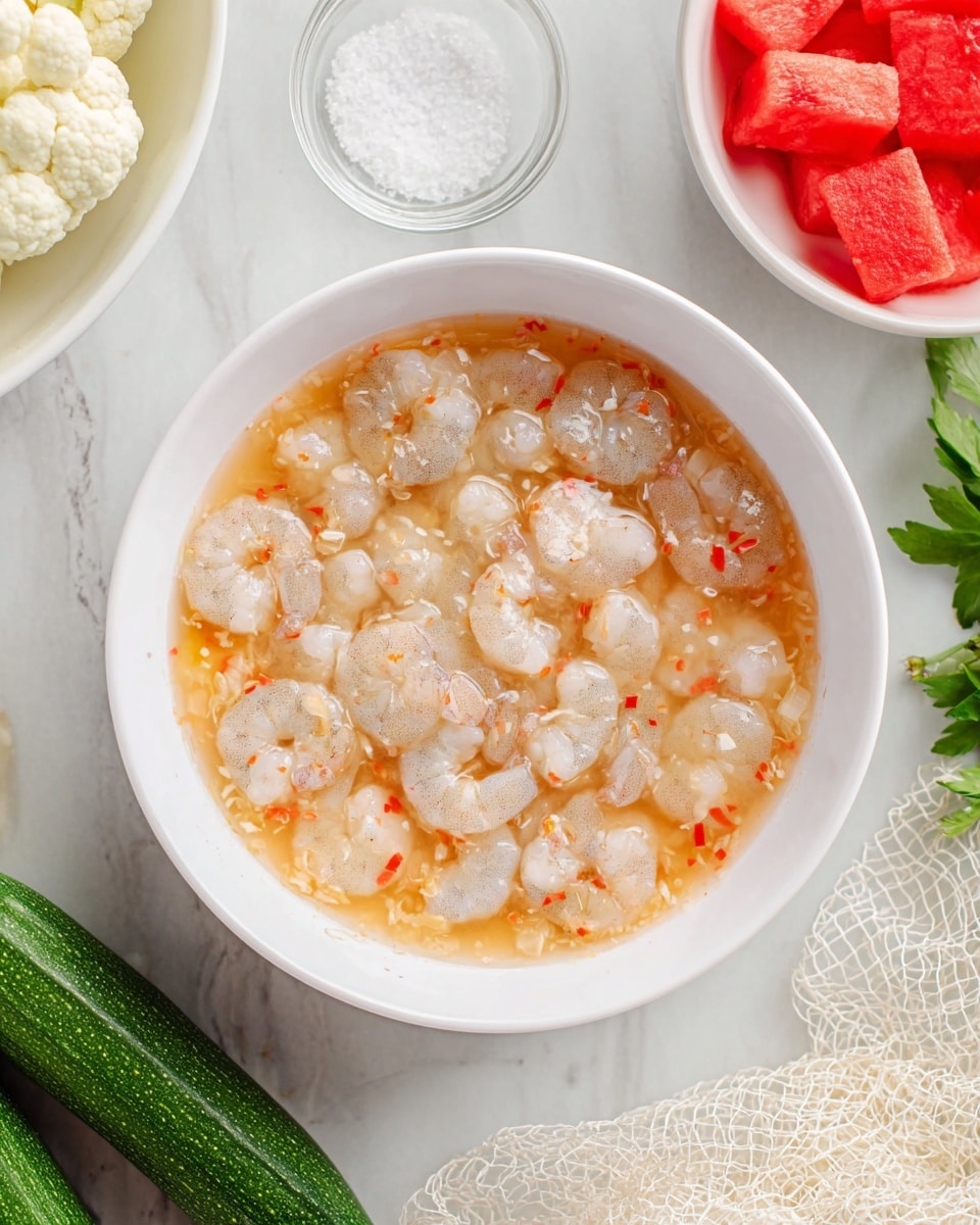 A white bowl filled with raw shrimp soaking in a light orange sauce with small red and white bits, showing a slightly thick texture. The shrimp are pale gray and translucent, arranged to cover the bottom of the bowl with some overlapping. The bowl sits on a white marbled surface, surrounded by a white bowl with cauliflower pieces at the top left, a small glass bowl of coarse salt to its left, a green zucchini at the bottom left, a white bowl with red watermelon cubes at the top right, and some fresh green herbs at the middle right. A piece of white netted fabric is at the bottom right. Photo taken with an iphone --ar 4:5 --v 7