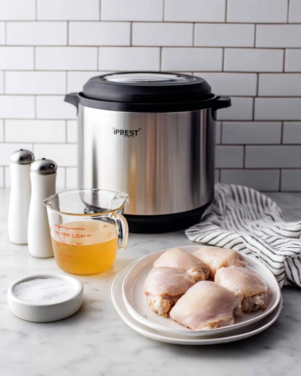 The image shows a shiny silver Instant Pot with a black top and base, placed on a white marbled surface in front of a white subway tile background. In front of the Instant Pot, there is a clear glass measuring cup filled halfway with light golden broth. Next to it, a white salt shaker stands upright, and a small white plate holds a heap of white salt. On the right side, a white oval plate holds four raw chicken thighs with a pale pink color and smooth texture. A folded white cloth with thin black stripes lies behind the chicken plate. Photo taken with an iphone --ar 4:5 --v 7