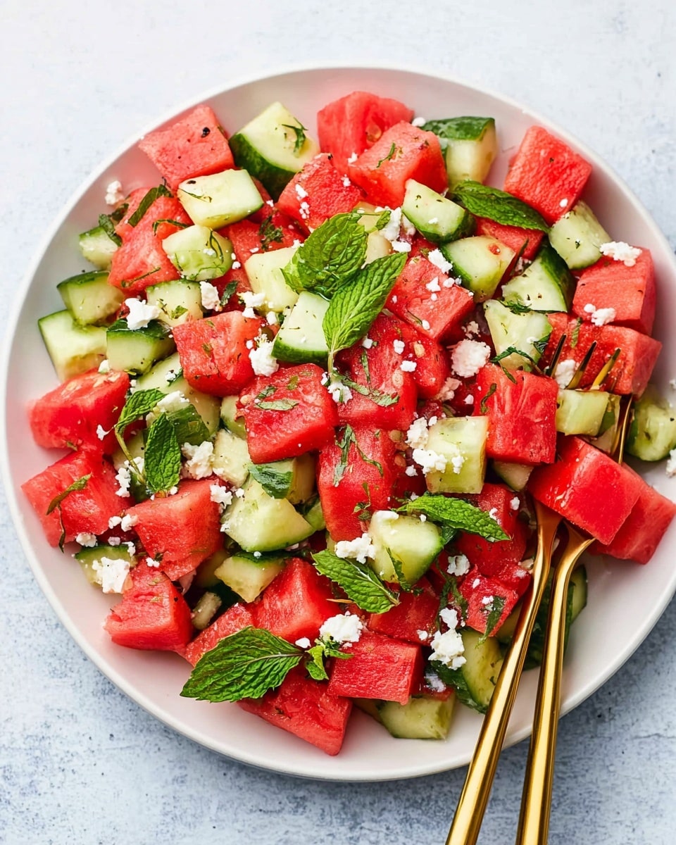 A white plate filled with a colorful salad made of large, bright red watermelon cubes and light green cucumber chunks with dark green skin. Small white crumbles of cheese are scattered on top along with fresh green basil and mint leaves, adding a touch of freshness. The salad looks juicy and vibrant, with a pair of shiny gold forks partially resting on the right side of the plate. The entire setting is placed on a white marbled textured surface. photo taken with an iphone --ar 4:5 --v 7