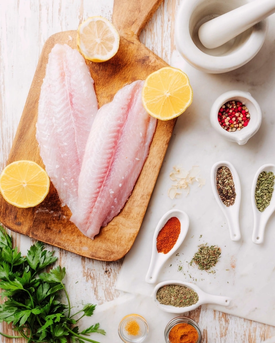 The image shows a wooden cutting board on a white marbled surface with two raw fish fillets lying flat, light pink in color and smooth in texture. Around the board are various ingredients arranged carefully: two lemon halves placed near the board, a white mortar and pestle on the right, several small white measuring spoons containing different spices such as paprika, pepper, and dried herbs scattered around, and some fresh green parsley at the bottom left corner. The setting is bright and clean, highlighting the fresh ingredients and warm wooden tones. photo taken with an iphone --ar 4:5 --v 7