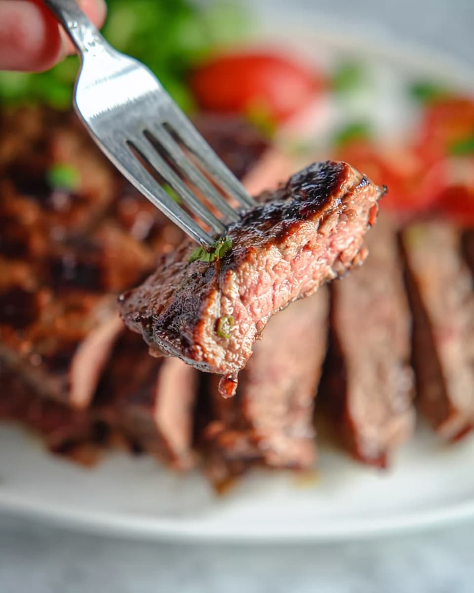 A close-up of a woman's hand holding a silver fork with a grilled piece of steak on it, showing a cooked outer layer that is brown with grill marks and a pink juicy inside. In the blurry background, slices of grilled steak with a brown crust and pink middle are arranged on a white plate. Around the steak are small green herbs and a bit of red from tomatoes, all placed on a white marbled surface. photo taken with an iphone --ar 4:5 --v 7