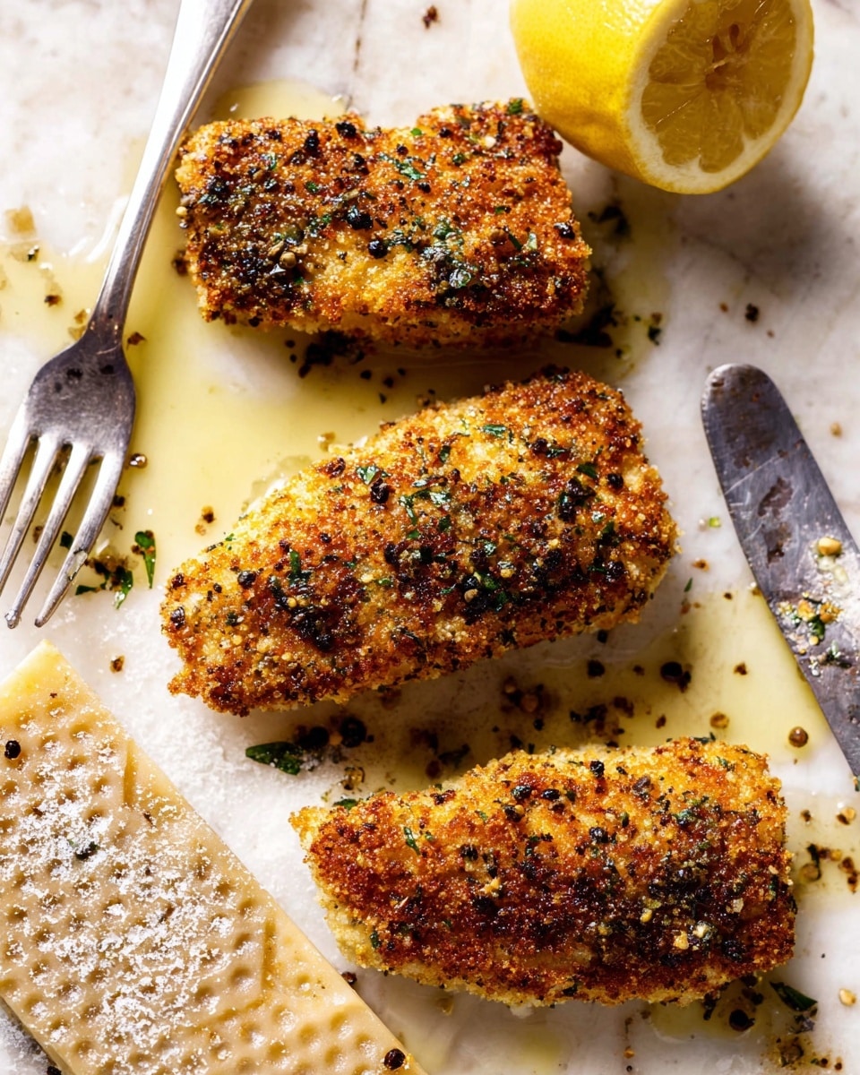Three pieces of golden brown breaded food with a rough crunchy texture, seasoned with green herbs and small bits of black pepper, sit on a white marbled surface with light golden oil drizzled around them. Above the middle piece, there is a half lemon with a bright yellow color and slightly rough texture placed next to a silver fork. In the lower part of the image, a beige piece with a patterned surface and powdered seasoning nearby is visible. Photo taken with an iphone --ar 4:5 --v 7