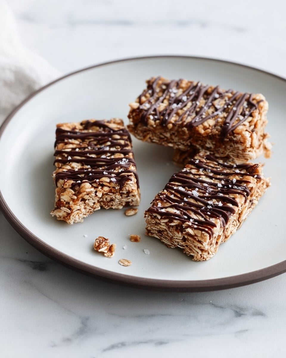 Three rectangular granola bars are placed on a white plate with a thin dark rim, set on a white marbled surface with a beige cloth nearby. Each granola bar has a light brown, coarse oat texture with small pieces of nuts and seeds visible. They are drizzled with thin lines of dark chocolate on top, adding a glossy, smooth contrast to the rough granola base. Some small flakes are sprinkled around the bars on the plate, enhancing the textured look. photo taken with an iphone --ar 4:5 --v 7