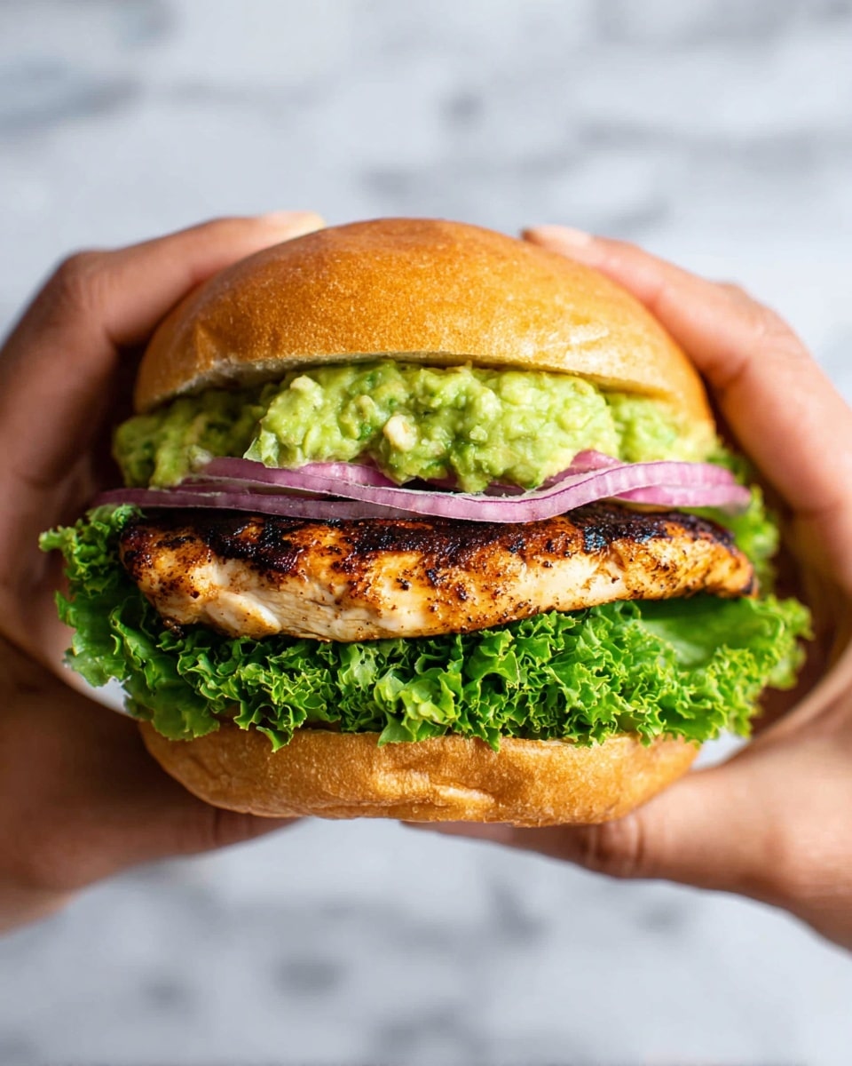 The image shows a sandwich with four main layers inside a soft, golden brown bun. The bottom layer is bright green leafy lettuce with ruffled edges. On top of the lettuce is a grilled chicken piece with a dark brown, slightly charred texture. Above the chicken, there are two slices of white onion and three rings of purple onion arranged neatly. The top layer is a thick spread of chunky, light green guacamole. The sandwich sits on a white plate, with a white marbled surface visible underneath. A woman's hand holding a tortilla chip is blurred in the background. Photo taken with an iphone --ar 4:5 --v 7