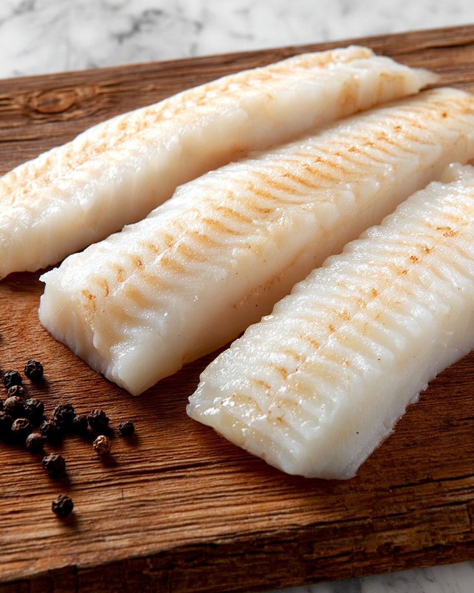 Three white fish fillets with a hint of light golden brown on their textured surface lay side by side on a wooden board. The fillets have a smooth, slightly shiny appearance with delicate natural ridges running lengthwise. Near the bottom left corner, a few black and brown peppercorns rest on the wooden board, adding a touch of dark color contrast. The scene is set against a white marbled texture photo taken with an iphone --ar 4:5 --v 7