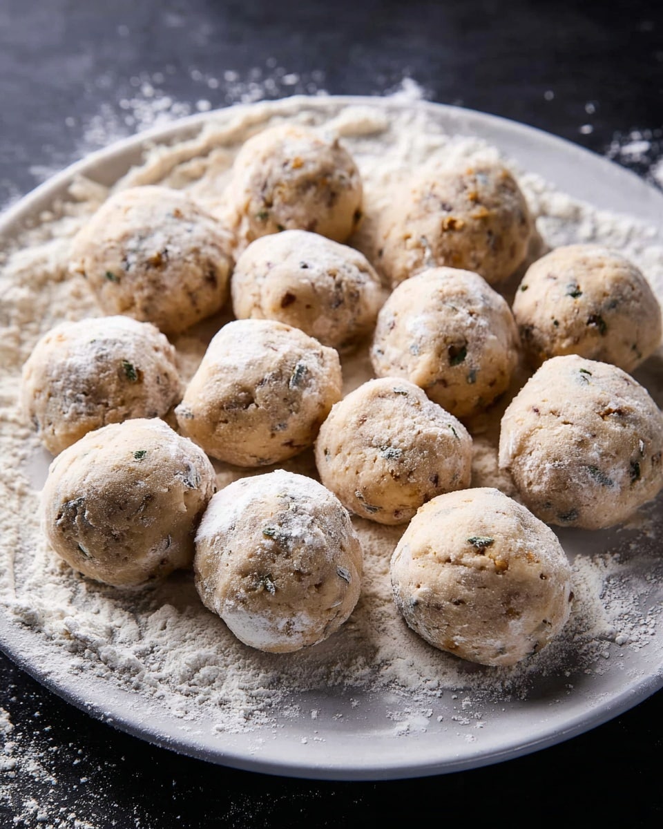 The image shows a white plate filled with about eighteen round dough balls lightly dusted with white flour. Each ball has a rough, slightly uneven surface with some small green herb bits visible inside. The dough appears soft and slightly dry, with a pale beige color. The plate sits on a white marbled surface, and there is extra flour scattered on the plate around the dough balls. The light is soft, highlighting the powdered texture on the dough balls and plate edges. photo taken with an iphone --ar 4:5 --v 7