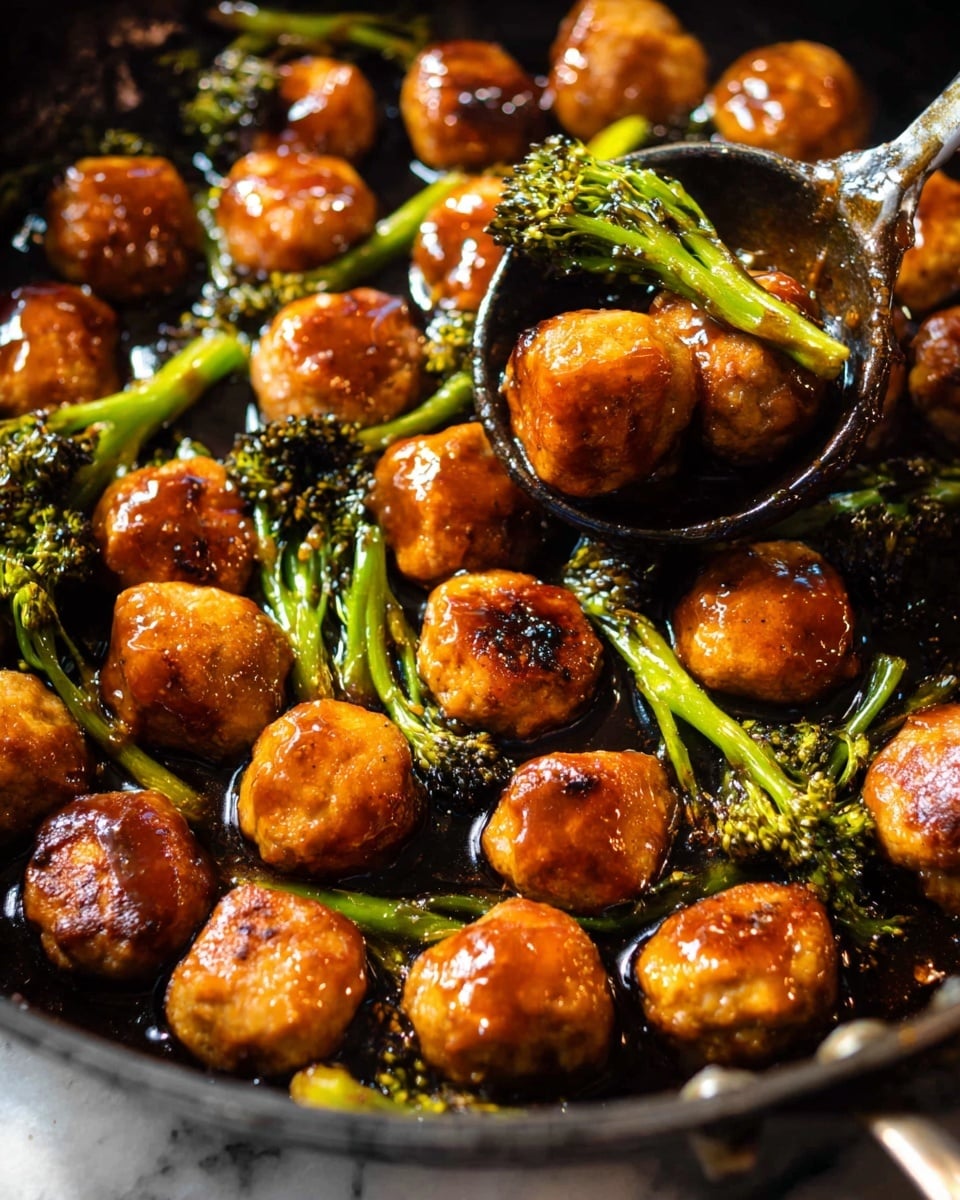 This image shows a close-up of a black pan filled with small, round golden-brown meatballs covered in a shiny, reddish-brown sauce. Bright green broccoli stems and florets are scattered among the meatballs, adding color contrast. The meatballs have a slightly crispy texture, and the sauce gives a glossy, slightly sticky look. The pan has a few small bits of sauce and seasoning visible on its surface. The light shines on the dish, enhancing the glossiness and warmth of the food. Photo taken with an iphone --ar 4:5 --v 7