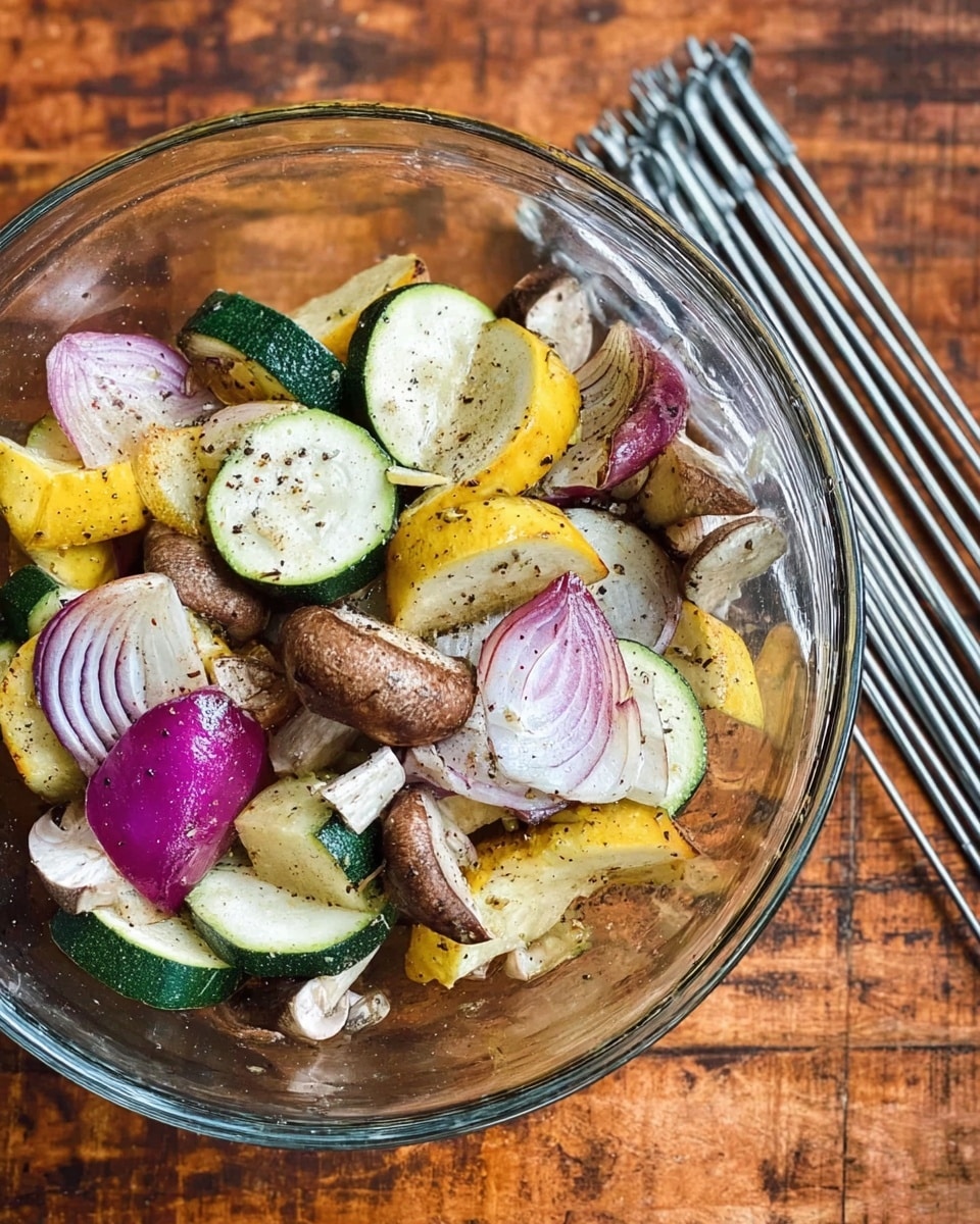 A clear glass bowl filled with a mix of raw sliced vegetables including round green zucchini slices, white and purple striped radish pieces, yellow squash circles, quartered red onion with purple and white layers, and whole brown mushrooms, all resting together. The bowl is placed on a rough, dark wooden surface. To the right, there are several metal skewers lying parallel on the surface. The vegetables appear fresh with smooth and firm textures. Photo taken with an iphone --ar 4:5 --v 7