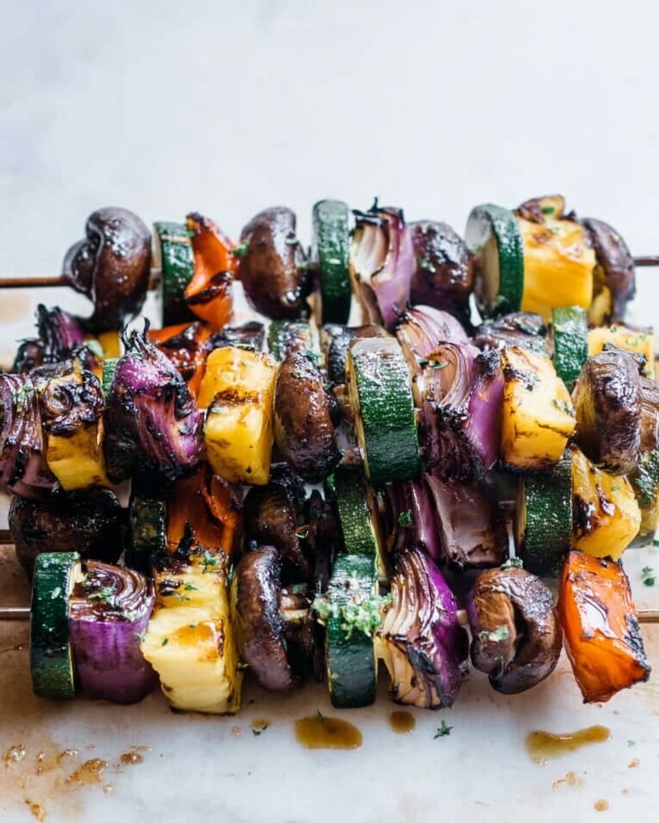 The image shows three skewers of grilled vegetables laid on a white marbled surface. Each skewer has layers of dark brown mushrooms, green zucchini slices, red onion pieces with purple and white layers, and chunks of orange bell pepper. The vegetables are charred with grill marks and look juicy and cooked. Some juices and small bits of grilled food are spread below the skewers on the surface. The background is simple and light, making the vibrant colors of the vegetables stand out. photo taken with an iphone --ar 4:5 --v 7