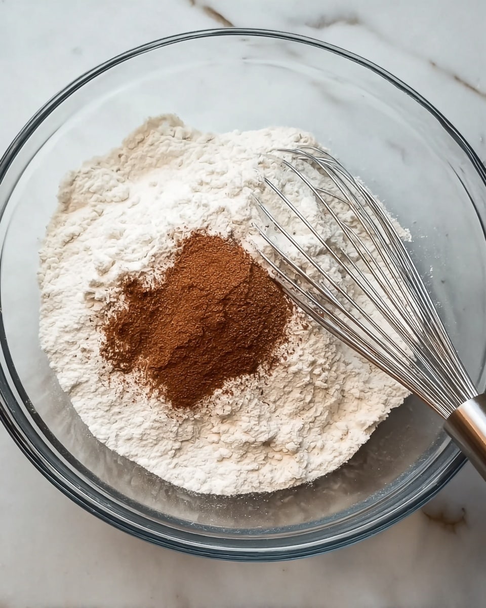 A clear glass mixing bowl holds a pile of white flour layered mostly on the right side and covering a mound of medium brown spice mostly on the left side. The texture of the flour looks soft and powdery, while the spice appears finely ground. A metal whisk with thin silver wires rests partly on the flour at a slight angle from the right, suggesting the start of mixing. The bowl is placed on a white marbled surface with gentle grey veins. photo taken with an iphone --ar 4:5 --v 7