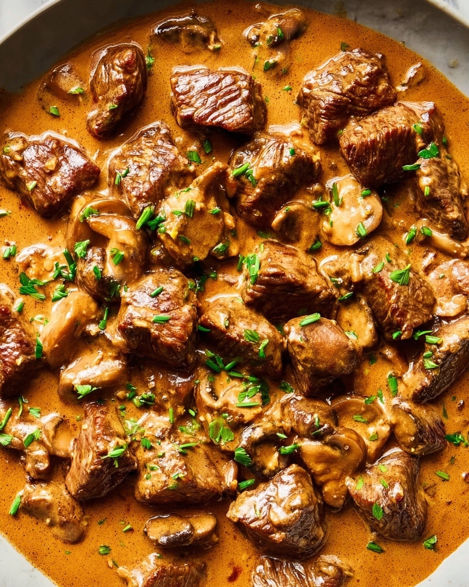 The image shows a close-up of a rich dish with many pieces of browned meat chunks spread evenly on the base, mixed with sliced mushrooms. The meat and mushrooms are covered in a thick, creamy brownish-orange sauce that looks smooth and shiny. Small green chopped herbs are scattered on top, adding a fresh contrast to the warm colors of the sauce and meat. The whole meal is shown closely without any plate or bowl visible, set on a white marbled surface. photo taken with an iphone --ar 4:5 --v 7