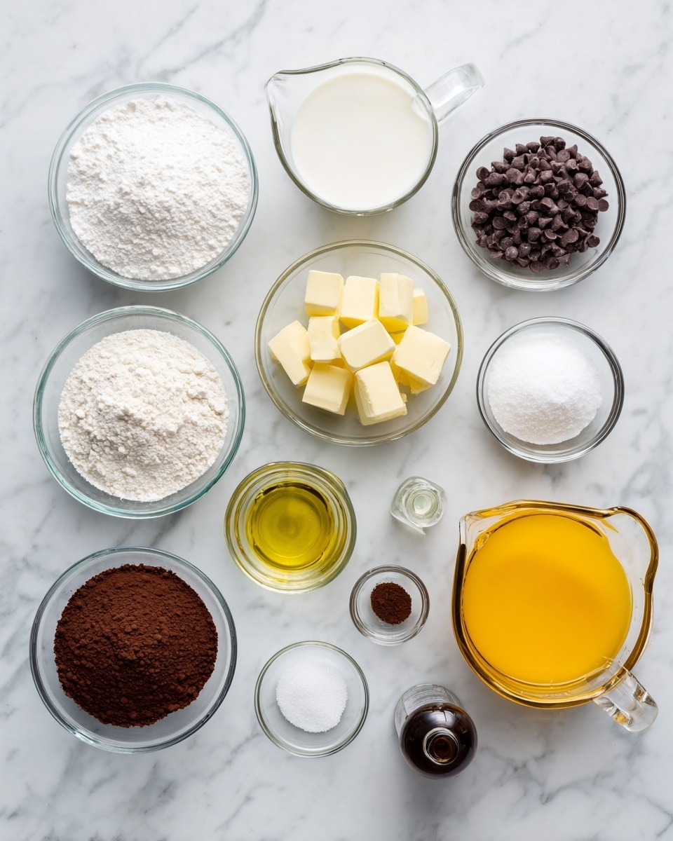 A white marbled surface holds twelve glass bowls and one glass measuring cup arranged in a loose grid pattern. From left to right and top to bottom: white granulated sugar in a small bowl, plain white flour in a matching bowl, small chocolate chips in another bowl, white milk in a glass measuring cup with a handle, three small cubes of yellow butter in a small bowl, a tiny bowl with white salt, a small bowl with a white powder that looks like baking soda or baking powder, a larger glass measuring cup filled with golden yellow oil, a larger bowl with orange melted butter, an empty small glass bowl, a small bowl with dark brown cocoa powder, a small bottle with dark vanilla extract, and a small bottle with clear liquid, likely vinegar or water. Photo taken with an iphone --ar 4:5 --v 7