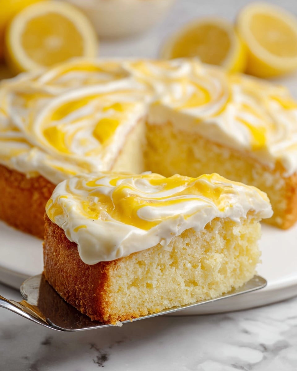 A slice of cake is shown on a silver cake server, held above a white plate on a white marbled table. The cake has two main layers: the bottom layer is a soft, light yellow sponge with a fluffy texture, and the top layer is a thick white creamy frosting with smooth swirls. Bright yellow glossy fruit jelly or curd is swirled unevenly into the frosting, adding a shiny, slightly translucent contrast. The overall look is fresh, creamy, and inviting. Photo taken with an iphone --ar 4:5 --v 7