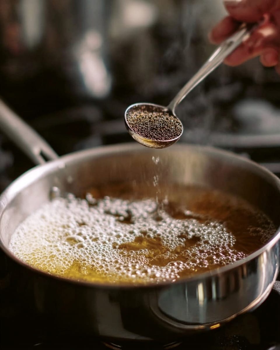 A close-up shows a shiny metal pan filled with hot bubbling oil on a stove. Above the pan, a woman's hand holds a metal measuring spoon filled with small, dark granules falling into the oil. The bubbles and foam are white and frothy, mainly on one side of the oil surface. The background is softly blurred, focusing on the pan’s shiny surface and the falling granules. photo taken with an iphone --ar 4:5 --v 7