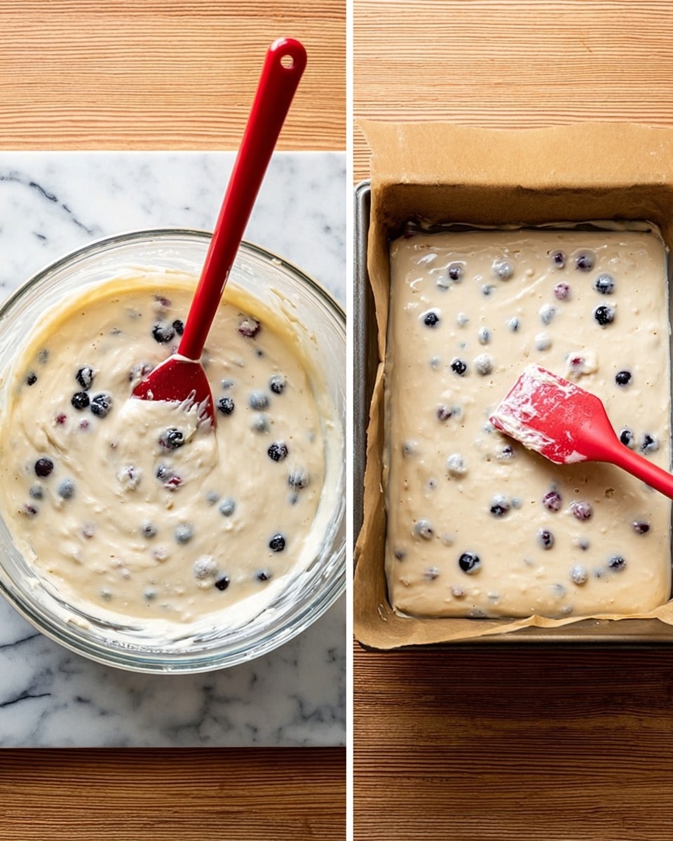 Two side-by-side images show a creamy white batter with small dark blueberries mixed in. The left side has a clear glass bowl filled with the batter, with a red spatula stirring gently inside. The right side shows the batter spread inside a square baking pan lined with brown parchment paper, with the same red spatula resting on the edge. Both images have a wooden surface background replaced with a white marbled texture. photo taken with an iphone --ar 4:5 --v 7