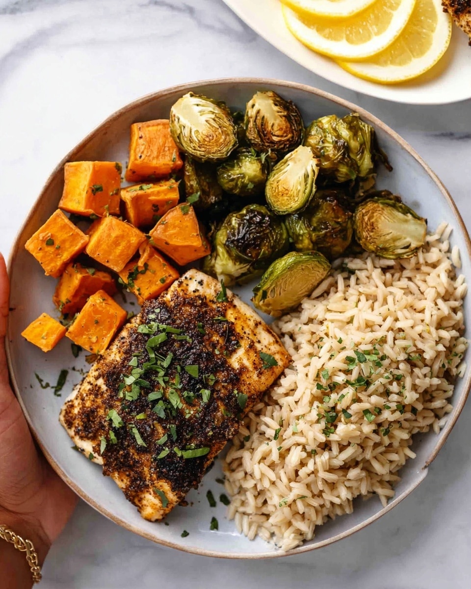 The image shows a round white plate with four main parts: a piece of cooked fish with dark seasoning and green herbs on top placed near the bottom right, a heap of light brown rice garnished with green herbs located at the top right, roasted Brussels sprouts that are green with some brown spots arranged in the bottom left area, and roasted orange sweet potato cubes placed near the Brussels sprouts. The plate is on a white marbled surface, and a woman's hand is holding a white plate with lemon wedges in the top right corner. photo taken with an iphone --ar 4:5 --v 7