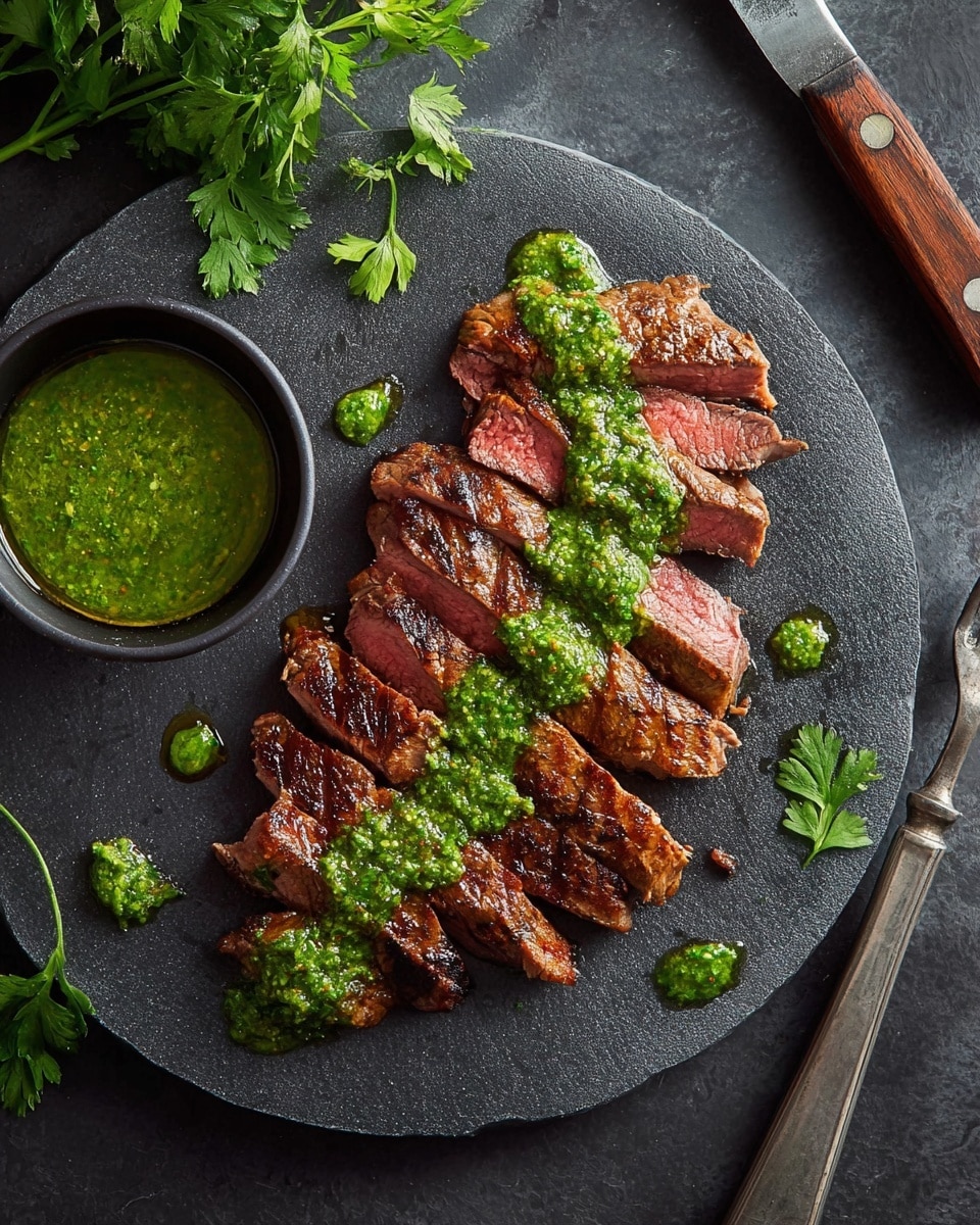 A medium-rare grilled steak sliced into about 10 thin pieces, laid out in a slight curve on a round black slate plate. A thick green sauce is spread in a line over the center of the steak slices, with extra sauce in a small round black bowl on the left side, and two small spots of the sauce around the plate. Some green parsley leaves are scattered on and around the plate for decoration. The plate sits on a dark surface with a metal meat fork and knife with wooden handles on the top right. photo taken with an iphone --ar 4:5 --v 7