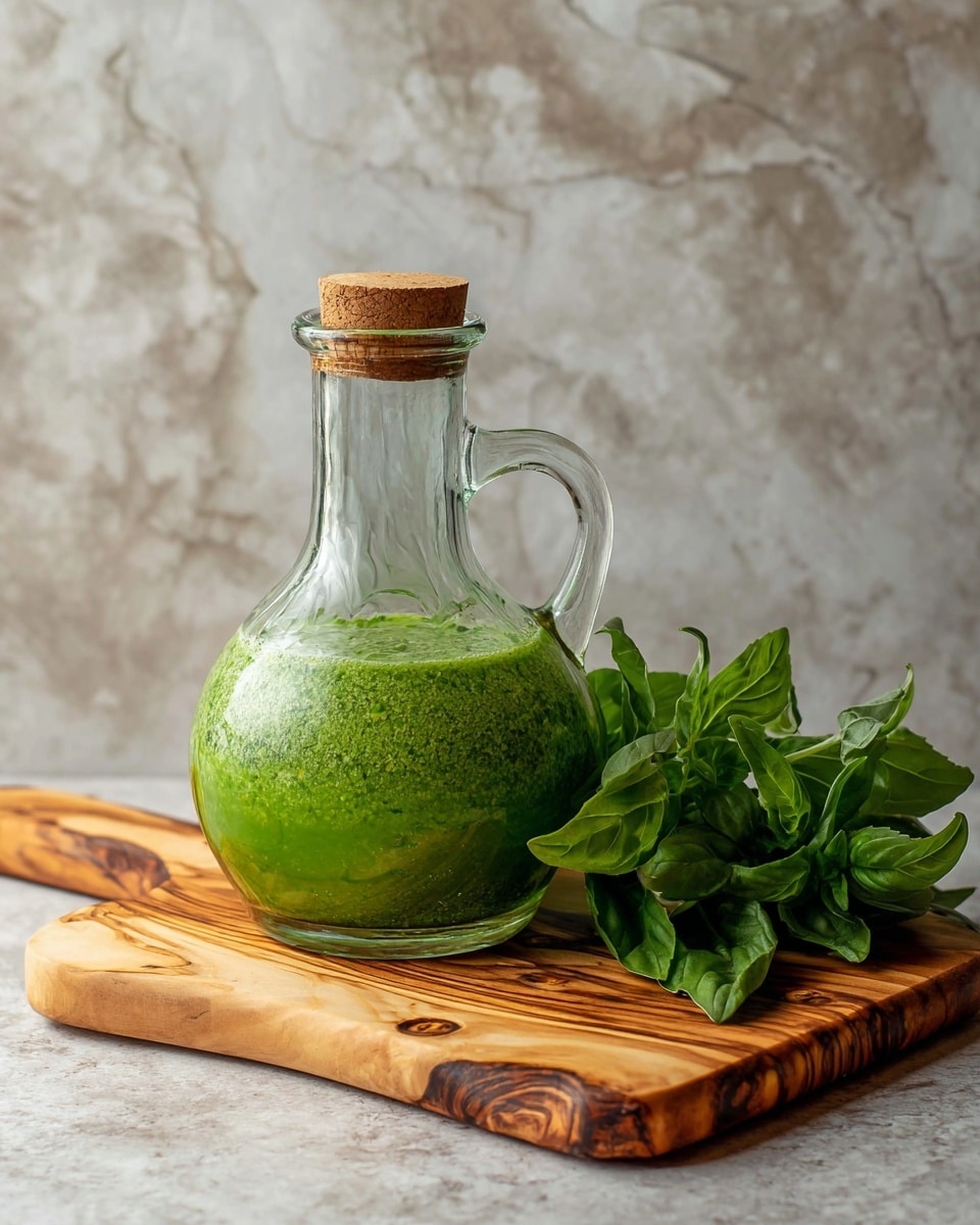 A round clear glass bottle with a short neck and a large curved handle on the right side, filled halfway with a bright green sauce, that has a slightly thick texture and small bits inside, closed with a light brown cork stopper. To the right of the bottle is a fresh bunch of green basil leaves with smooth surfaces and curled edges, resting on a light wooden cutting board with natural grain patterns and darker knots. The cutting board is placed on a white marbled surface with soft grey veins in the background. Photo taken with an iphone --ar 4:5 --v 7