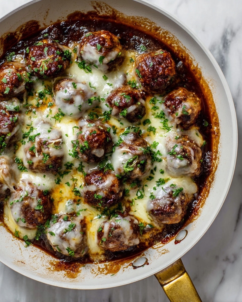 A white pan holds around fifteen browned meatballs covered with melted white cheese. The meatballs sit in a dark brown sauce that pools around the edges with some melted cheese mixed into it. Small pieces of bright green herbs are sprinkled over the top of the meatballs and cheese. The pan has a golden handle and is set on a white marbled surface. photo taken with an iphone --ar 4:5 --v 7