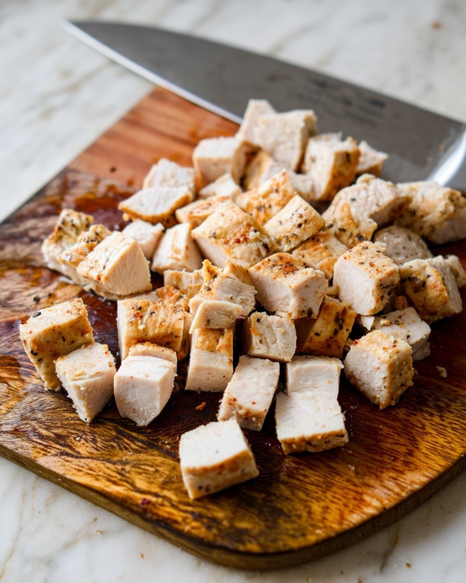 The image shows many small, cubed pieces of cooked poultry meat with a light brown crust and some seasoning on top, all placed on a worn, brown wooden cutting board. A large knife with a silver blade and a white handle lies next to the meat on the board. The whole setup is on a white marbled surface. The texture of the meat looks firm and slightly juicy. photo taken with an iphone --ar 4:5 --v 7