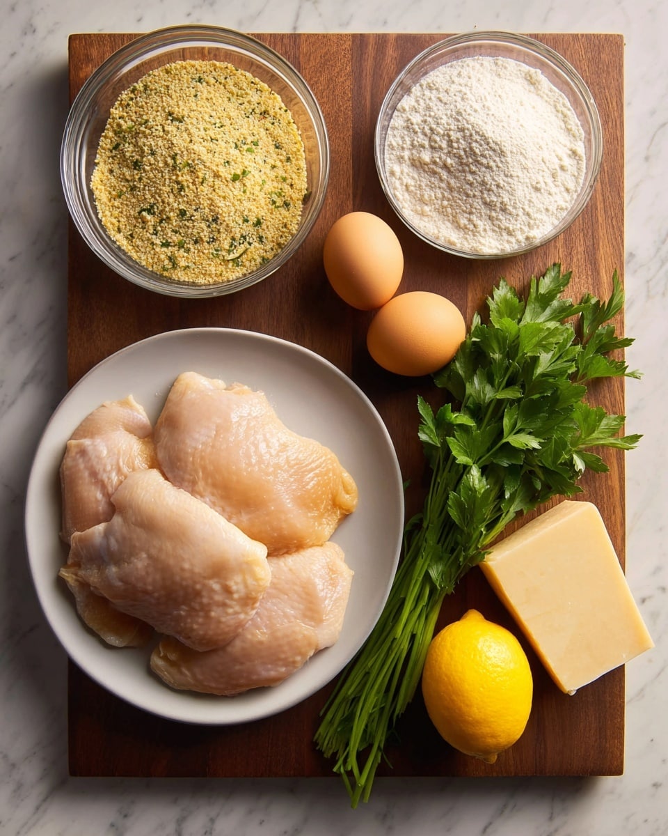 Raw chicken is laid flat in a pile on a white plate at the bottom left. Above the plate, a small clear bowl holds white flour with a soft texture. To the top left, another white bowl contains yellowish breadcrumbs speckled with herbs. Three smooth light brown eggs sit near the top center of the image. To the top right, a bright yellow lemon with a shiny surface rests near a piece of hard pale yellow cheese with a slightly rough rind. A bunch of fresh green parsley with broad leaves lies in the bottom right corner. All items are arranged neatly on a wooden board, which rests on a white marbled surface. Photo taken with an iphone --ar 4:5 --v 7
