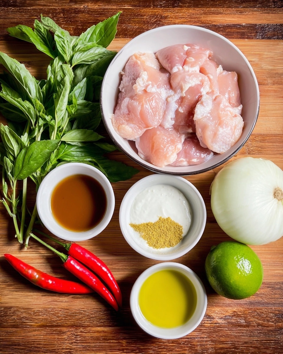 A white bowl filled with raw chicken pieces sits on the top left of the image, surrounded by fresh green basil leaves. To the right of the bowl are three small white bowls, one holding a white creamy sauce, one with a brown liquid, and one with crushed yellow garlic. Two bright red chili peppers are placed near the bowls. On the far right side, there is a whole white onion and a green lime. The background is a wooden surface. photo taken with an iphone --ar 4:5 --v 7