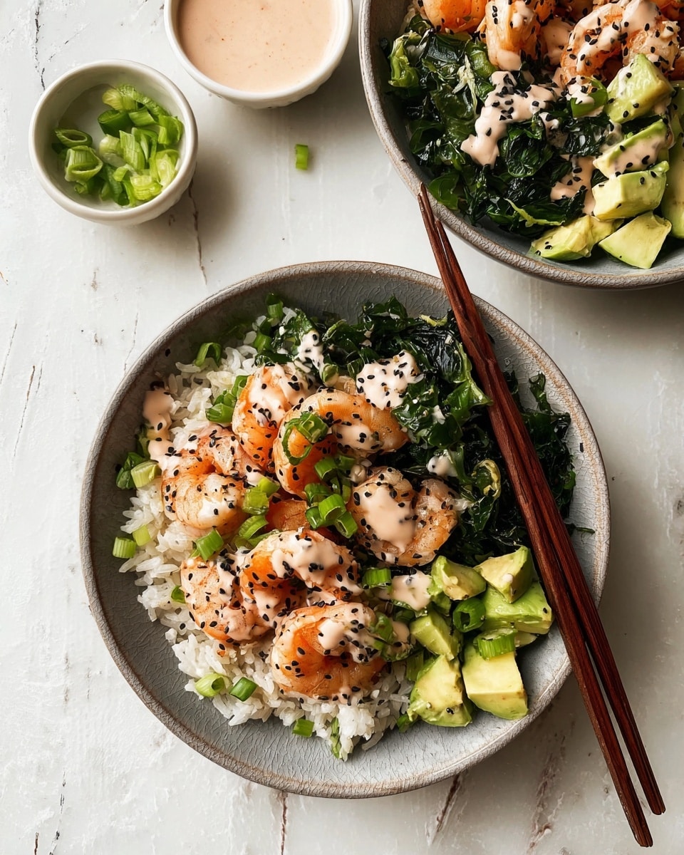 A grey bowl sits on a white marbled surface, filled with three main layers: at the bottom, soft white rice; above that, dark green leafy vegetables; and on top, orange cooked shrimp scattered with chopped green onions and pieces of green avocado. A light pink sauce is drizzled over the shrimp and vegetables, sprinkled with black sesame seeds. Next to the bowl, a pair of brown chopsticks rests on its edge. In the background, a similar grey bowl with the same food layers is partially visible, and two small white bowls hold more light pink sauce and avocado chunks. Photo taken with an iphone --ar 4:5 --v 7