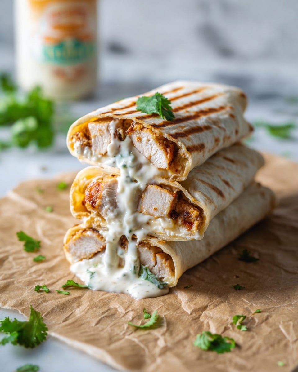 The image shows a stack of three grilled wraps on a white marble surface. Each wrap is cut in half and stacked one on top of the other. The outer layer is a light golden grilled tortilla with visible grill marks. Inside, chunks of cooked chicken with a light brown color are mixed with a creamy white sauce. Small green cilantro leaves are sprinkled around the wraps and on top as garnish. The background is softly blurred, drawing focus to the wraps. Photo taken with an iphone --ar 4:5 --v 7