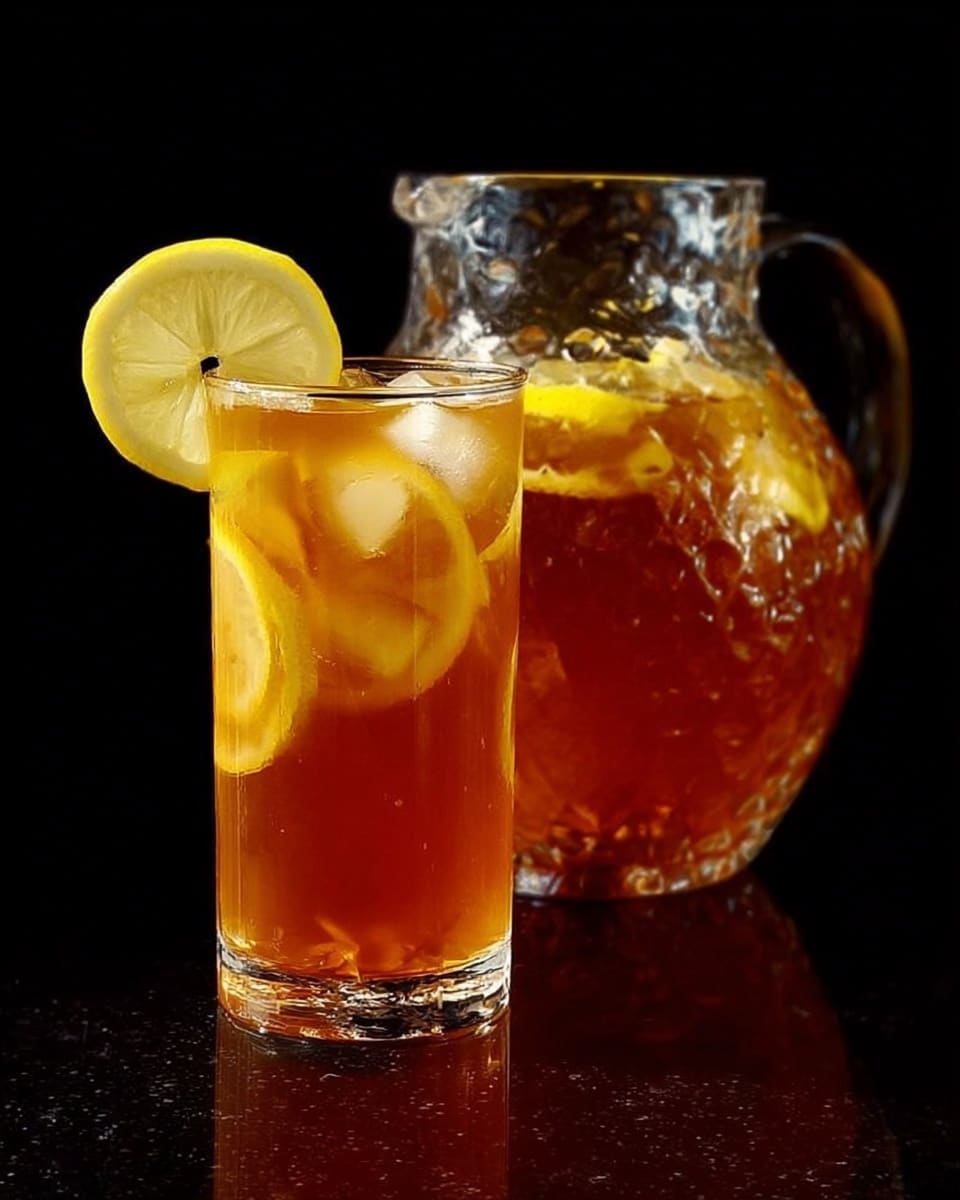 A tall clear glass filled with amber-colored iced tea, showing several ice cubes and thin yellow lemon slices inside, with a fresh lemon wheel placed on the rim of the glass. Next to it is a large clear pitcher with a textured surface, also filled with the same amber liquid. The setting has a black background and surface. Photo taken with an iphone --ar 4:5 --v 7