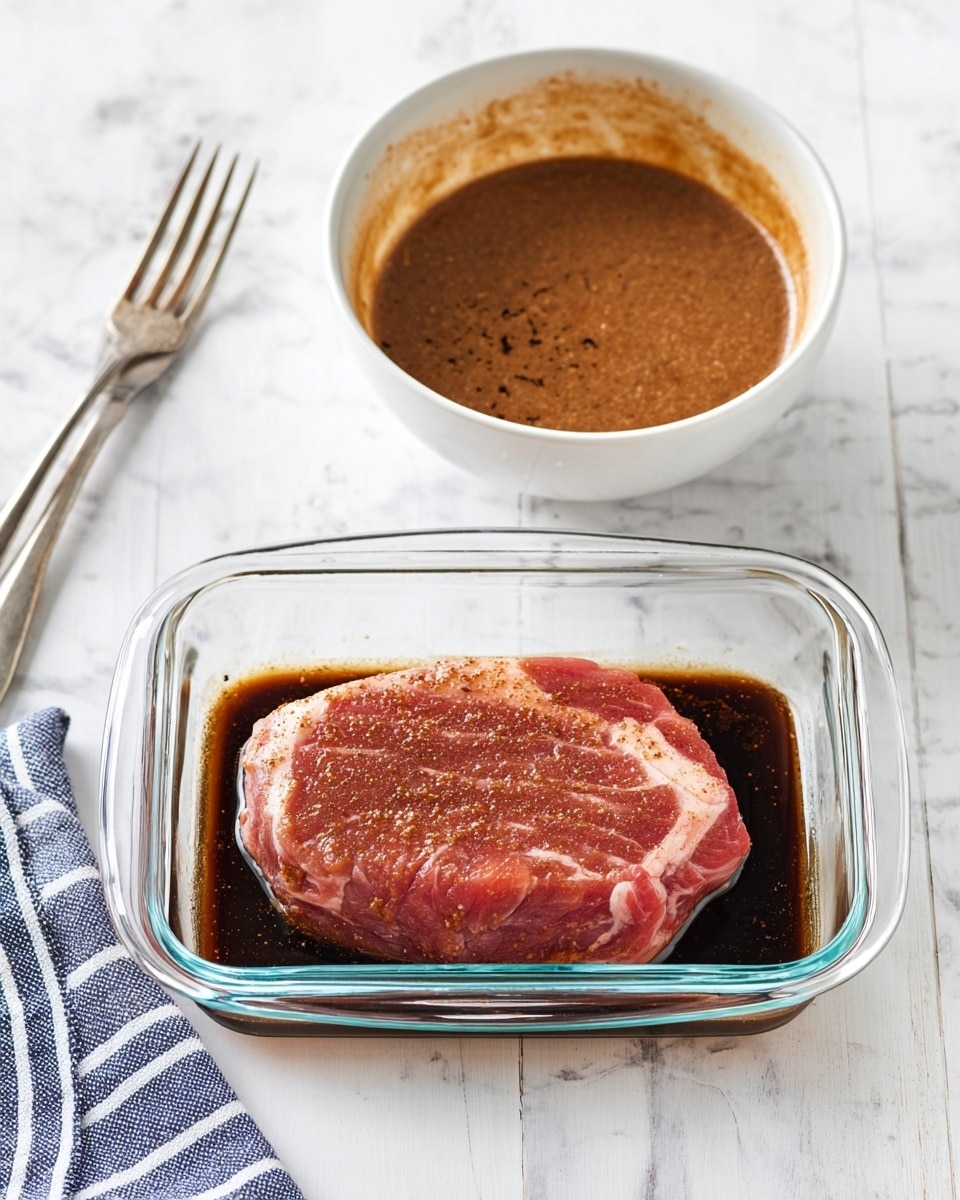 A raw piece of meat, light red with white veins, sits in a clear glass dish filled with a dark brown sauce. Above it, a white bowl contains a brown, thick sauce with a slightly grainy texture and some sauce traces on the bowl’s inner sides. To the left of the dish is a silver fork lying on a white marbled surface with a folded blue and white striped cloth nearby. The photo taken with an iphone --ar 4:5 --v 7