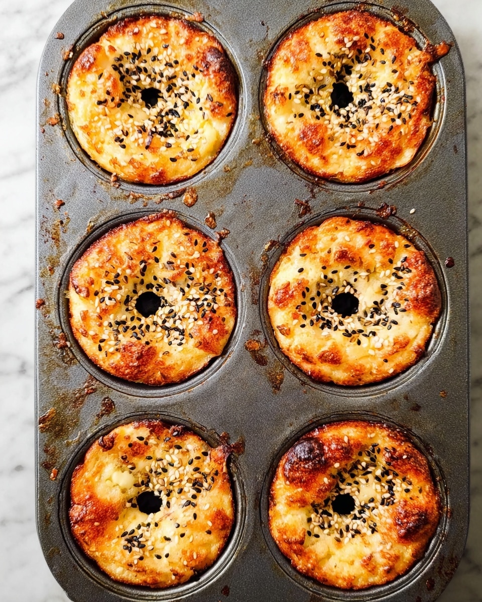 The image shows a metal baking pan with six round baked cheese cakes arranged in two rows of three. Each cake is golden brown with melted bubbly cheese on top, sprinkled with black and white sesame seeds evenly spread across the surface. The cakes have a slight crispy texture around the edges, and the center of each cake is indented around a round black knob of the pan, giving them a ring-like appearance. The pan itself has some small burnt cheese spots and scattered sesame seeds. The background is a white marbled texture. photo taken with an iphone --ar 4:5 --v 7