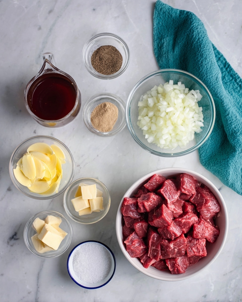 The image shows nine small bowls and a woman's turquoise cloth on a white marbled surface. At the bottom left, a white bowl is filled with many small raw red meat cubes. To the right of it, a clear bowl holds a pile of chopped white onions. Above the onions, a small white bowl has brown spices. Next to it on the left, another small clear bowl contains thin slices of yellow garlic. Below the garlic bowl, there is a small clear bowl with light yellow butter chunks. To the left of the butter, a small glass jug is filled with dark reddish liquid. Above the jug, a small bowl contains a light brown powder. To the right of the powder bowl, a small blue-rimmed white bowl holds white granulated salt. All the bowls are neatly arranged on the white marbled surface. Photo taken with an iphone --ar 4:5 --v 7