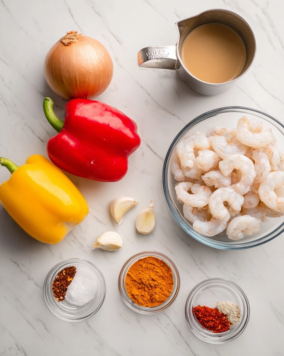 The image shows a white marbled surface with fresh cooking ingredients neatly arranged. In the center-right, there is a clear glass bowl filled with peeled, raw shrimp, pale pink and whitish in color, layered evenly. Below it, there are four small clear glass bowls with different substances: one with bright orange spice powder, one with red chili flakes, one with white granulated salt, and one with clear liquid. To the far left, there are three bell peppers—two red and one yellow—each smooth and shiny, placed beside a brown onion with dry skin and two peeled white garlic cloves. Above the bell peppers is a metal measuring cup filled with a light brown liquid. Everything is laid out clearly with bright, natural light. Photo taken with an iphone --ar 4:5 --v 7