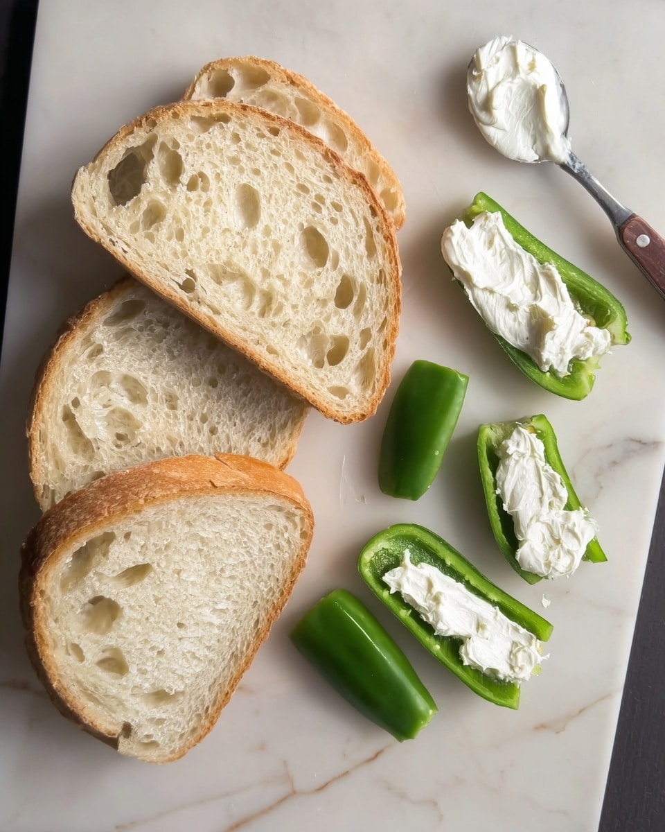 The image shows a white marbled surface with a white cutting board on top. On the board, there are two large slices of light beige bread with a rough texture and uneven holes. Next to the bread, there are five pieces of green pepper arranged in two groups: two larger halves on the left and three smaller pepper pieces on the right, each topped with white cream cheese spread on the inside. A white spoon with some cream cheese is placed near the top right corner of the cutting board. Photo taken with an iphone --ar 4:5 --v 7