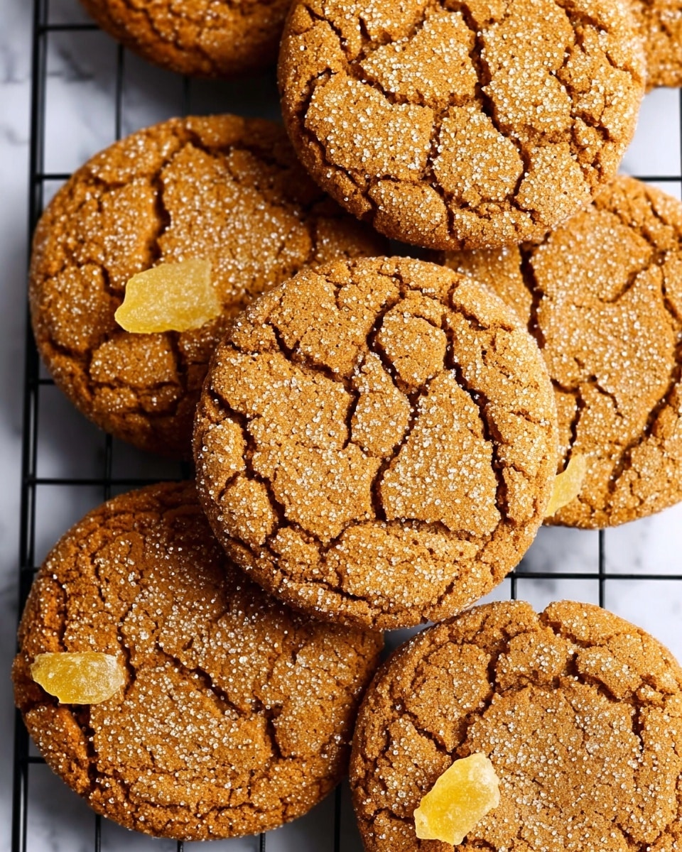 A round white wire rack holds seven light brown cookies with cracked tops and a light sugar coating, arranged closely together with one cookie showing a bite taken out from its edge. The cookies are placed on a piece of soft white paper on the rack. Around the rack, on a pink textured surface, there are yellow sugar-coated candy pieces scattered along with two additional cookies, one of which has a bite taken from it with crumbs nearby. The whole scene is set on a white marbled texture background. photo taken with an iphone --ar 4:5 --v 7