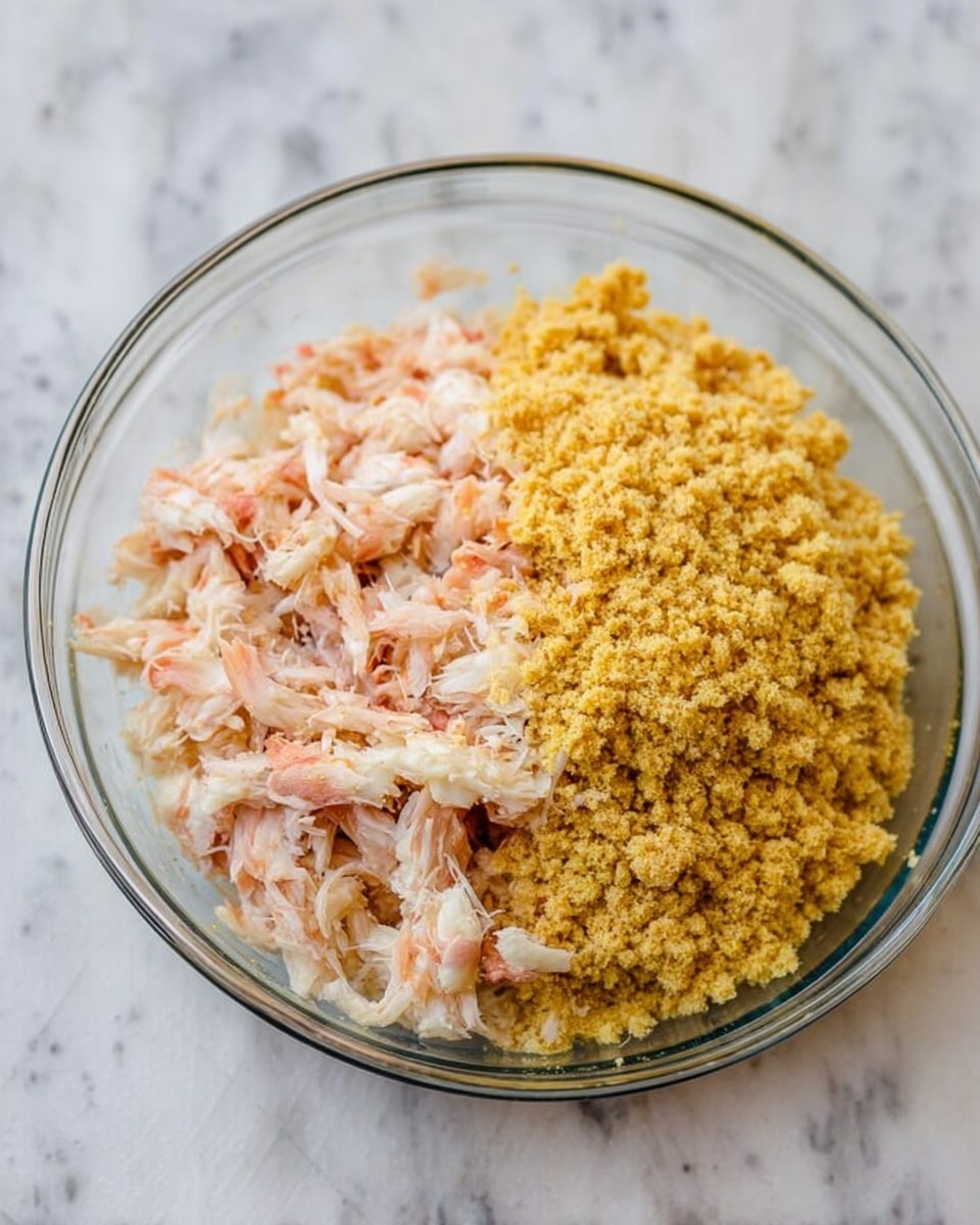 The image shows a clear glass bowl placed on a white marbled surface, filled with two main ingredients side by side. On the left side, there are pieces of soft, shredded pale pink and white seafood, showing a slightly fibrous texture. On the right side, there is a heap of crushed yellow crumbs with a coarse texture, covering almost half of the bowl. The contrast between the soft seafood and the crumbly yellow part is clear and distinct. Photo taken with an iphone --ar 4:5 --v 7