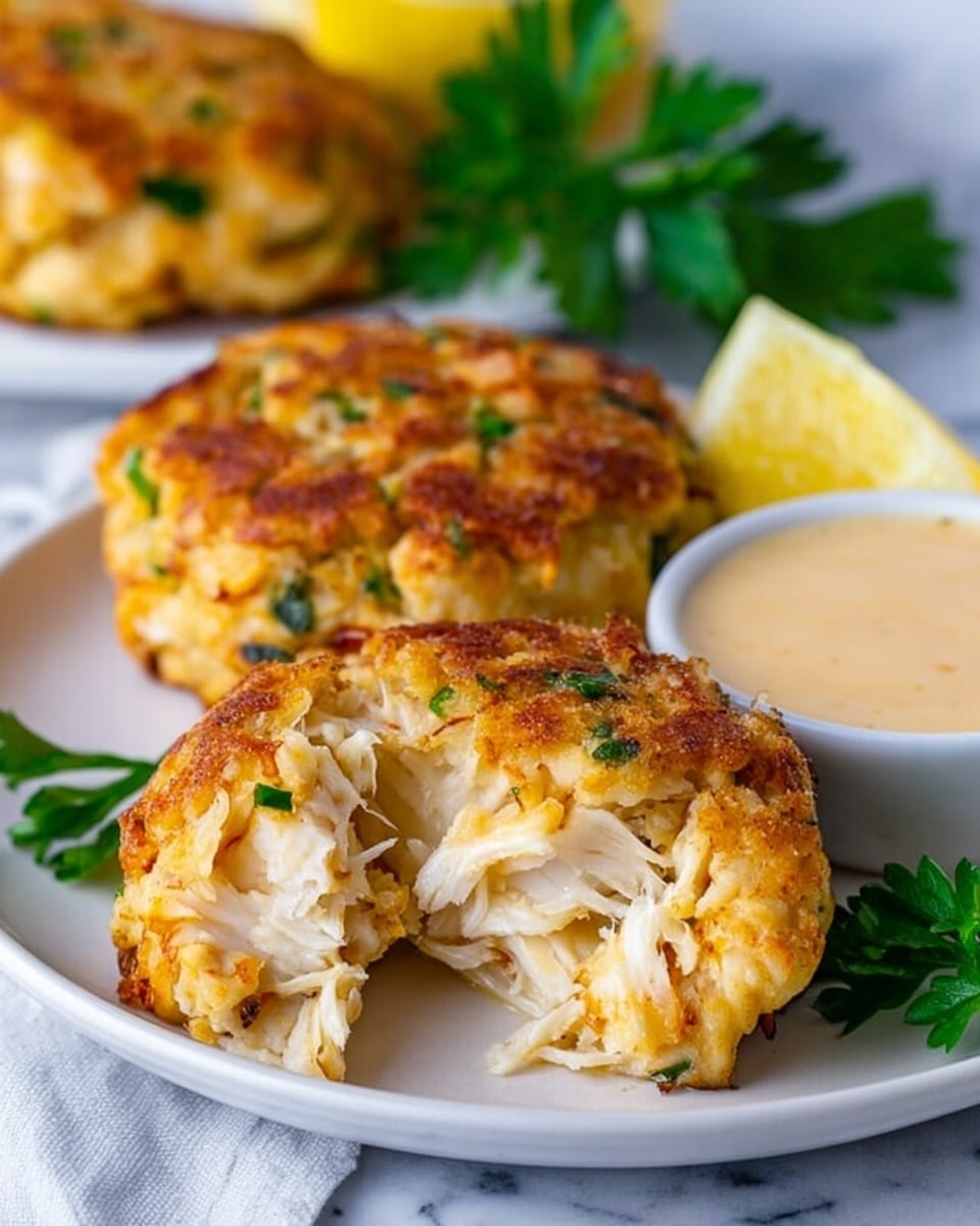 The image shows two golden-brown crab cakes on a white round plate placed on a white marbled surface. The crab cakes have a textured surface with small green bits, suggesting herbs or chives, mixed in. One crab cake is whole while the other is broken open, revealing flaky white crab meat inside. Behind the crab cakes, there is a lemon wedge partly visible on the same plate. To the side, fresh green parsley adds color. In the foreground, there is a white bowl with a creamy light-colored dipping sauce. Photo taken with an iphone --ar 4:5 --v 7