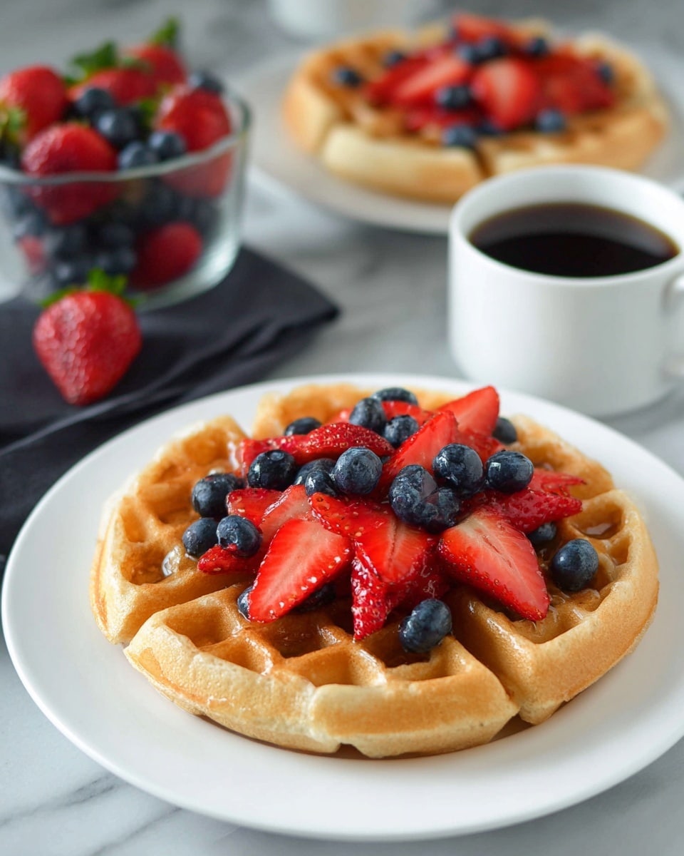 A single thick golden waffle is placed in the center of a white plate on a white marbled surface; on top of the waffle, there is a layer of fresh sliced bright red strawberries and plump dark blue blueberries. A woman's hand is seen pouring amber-colored syrup over the fruits, with the syrup starting to fill the waffle pockets, creating a shiny contrast with the fluffy texture of the waffle. In the background, slightly blurred, is a white bowl filled with more strawberries and blueberries. Photo taken with an iphone --ar 4:5 --v 7