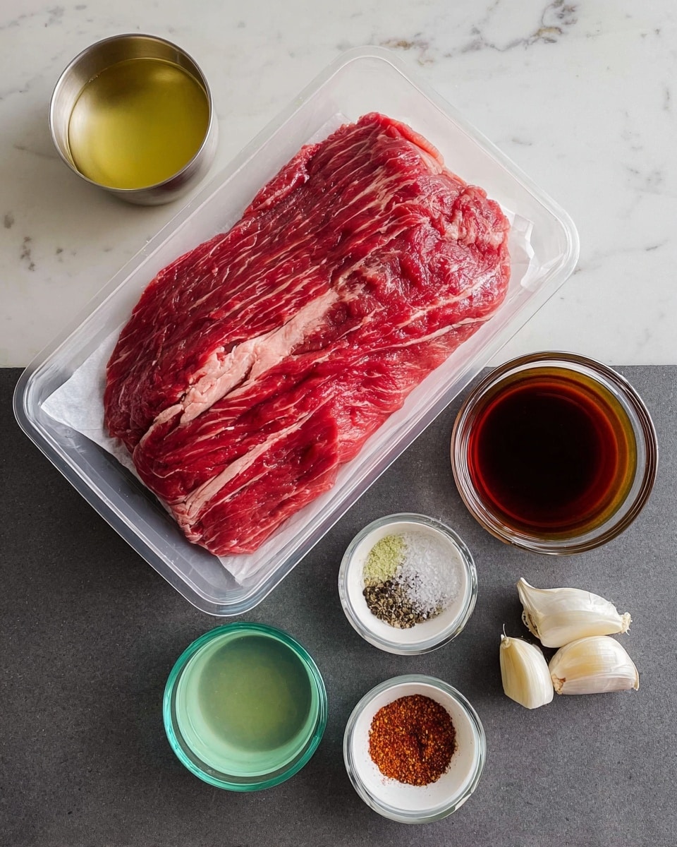 The image shows a clear plastic container with a large piece of red meat with white fat veins placed on a white paper inside. To the right of the container, there are five small bowls and two garlic cloves arranged on a dark gray surface. The bowls contain different liquids and spices: a pale yellow liquid in a silver bowl at the top, a dark reddish-brown liquid in a small glass bowl, a green liquid in a small white bowl with a light blue tint, a dark brown liquid in a small glass bowl, and a mixture of white salt, black pepper, and ground red spice in a small white bowl with a light blue tint. The two garlic cloves are plain white and placed below the spice bowl. The background is a white marbled texture. photo taken with an iphone --ar 4:5 --v 7