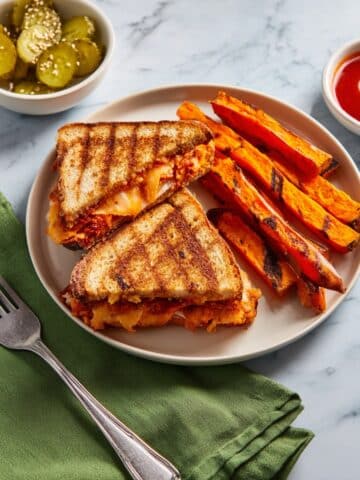 Kimchi Grilled Cheese Sandwiches with Sweet Potato Wedges and Smashed Cucumber Salad Recipe