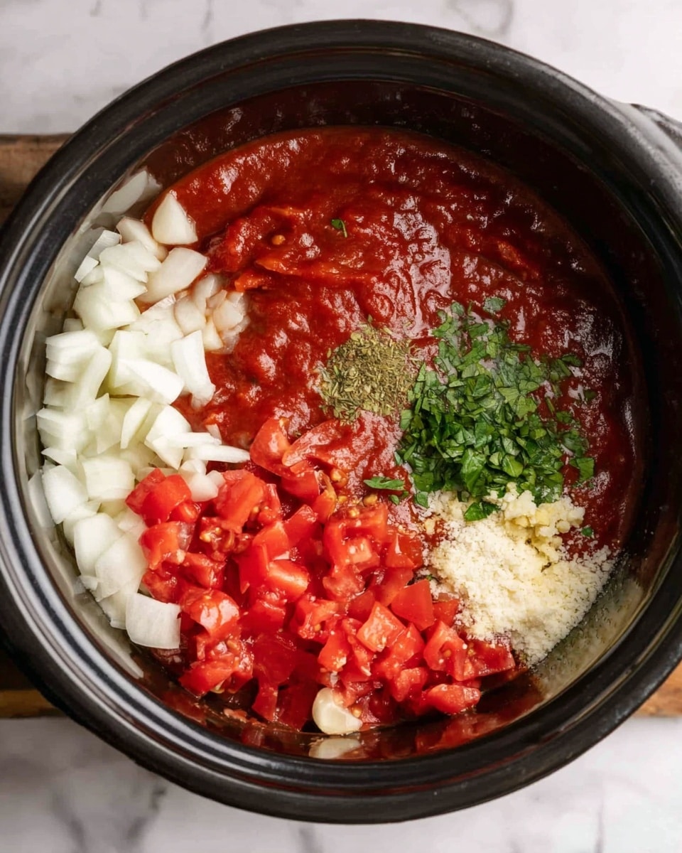 The image shows a black pot filled with several layers of ingredients for cooking. On the left side, there are large pieces of white chopped onions. Below the onions, there are bright red diced tomatoes. At the top center, there is a smooth layer of thick, dark red sauce. To the right side, there are small amounts of white salt, light green chopped herbs, and minced light brown garlic. The ingredients are arranged neatly, each clearly separated from the others. The pot is on a white marbled surface. Photo taken with an iphone --ar 4:5 --v 7