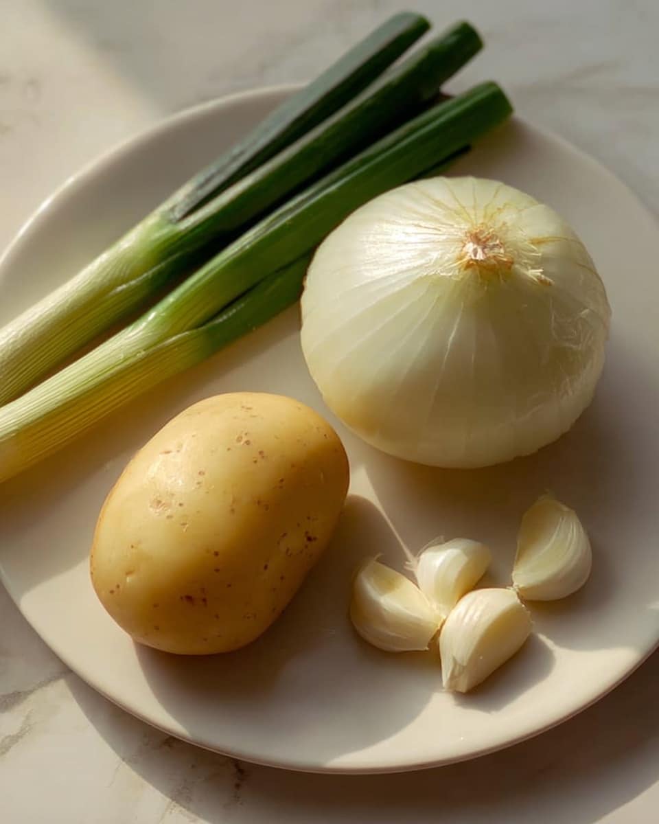 The image shows a white plate on a white marbled surface with a peeled potato as the bottom layer on the left side, a whole peeled onion placed to the right and slightly behind the potato, two green onions lying horizontally at the top of the plate, and two peeled garlic cloves on the right side of the plate near the bottom edge. The lighting is natural, highlighting the smooth textures of the vegetables. Photo taken with an iphone --ar 4:5 --v 7
