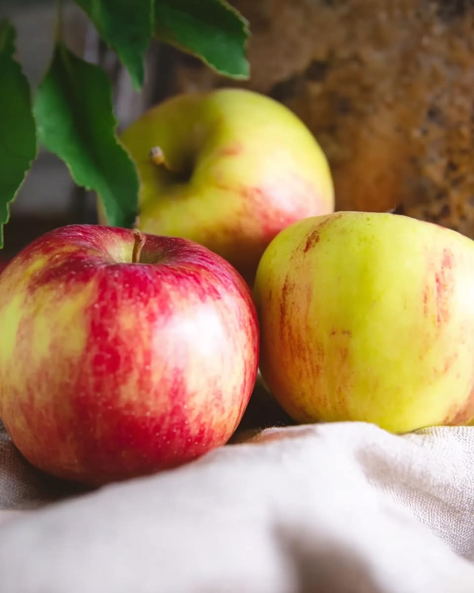 The image shows three apples resting closely together on a soft, light-colored cloth with a white marbled surface beneath. The apples have smooth skin with a mix of yellow and red colors, appearing fresh and slightly shiny. One apple is mostly red and positioned in front, while the other two apples behind it are more yellow with subtle green hues. Some green leaves are visible in the top left, adding a natural touch. The background also includes a textured, brown surface, hinting at a rustic setting. Photo taken with an iphone --ar 4:5 --v 7