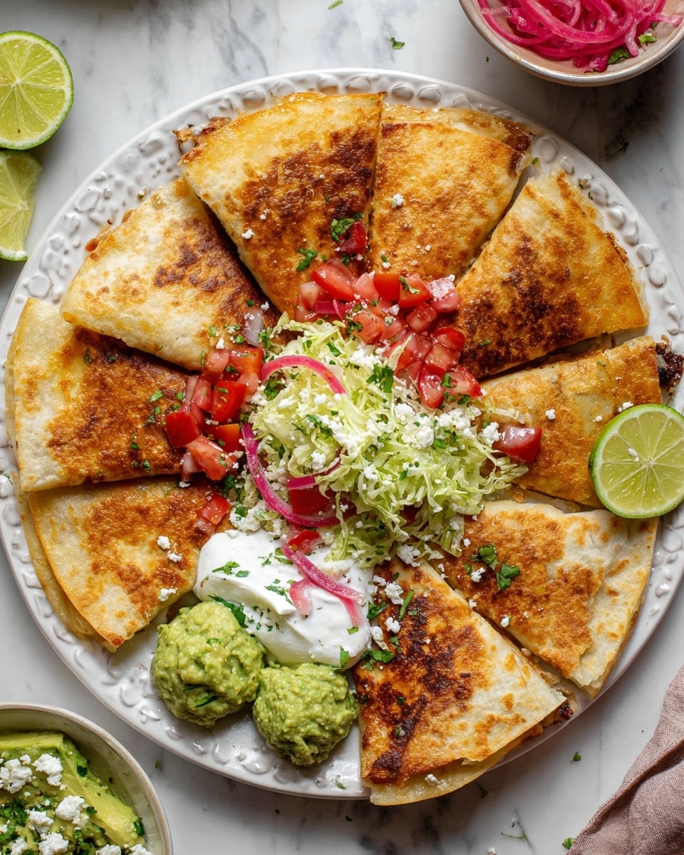 The image shows a white plate with a pattern, holding eight golden-brown quesadilla slices arranged in a circle. In the middle, there is a bright mix of shredded lettuce, chopped red cherry tomatoes, and thin pink pickled onions. On one side, there are slices of green avocado and a lime wedge. On the other side, there are small mounds of green guacamole and white sour cream, all sprinkled with fresh green herbs and some white cheese crumbles. The plate sits on a white marbled surface with parts of bowls and lime slices around it. photo taken with an iphone --ar 4:5 --v 7