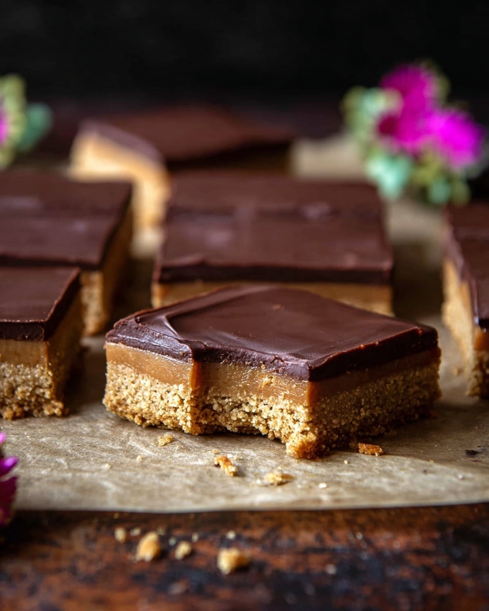 The image shows several square dessert bars placed on parchment paper over a rustic dark surface with a blurred black background. Each bar has two distinct layers: a thick, dense, light brown base layer with a crumbly but firm texture, and a smooth, glossy dark brown chocolate layer on top that is evenly spread with clean edges. One bar near the center is missing a small bite, showing the contrast between the layers clearly. There are some small crumbs around the bars, adding a natural and fresh feel to the scene. Small pink and green flowers are blurred in the background for decoration. Photo taken with an iphone --ar 4:5 --v 7