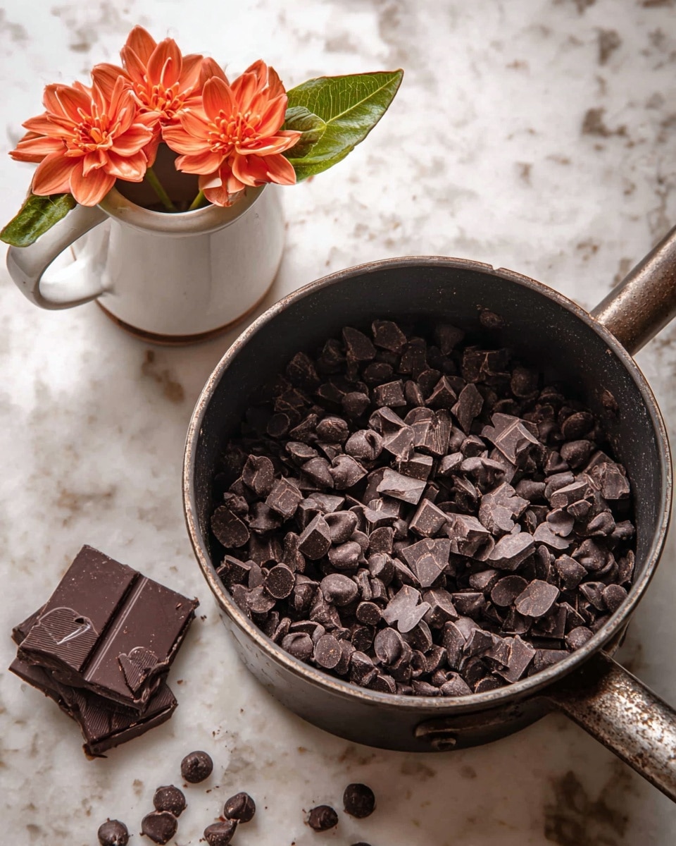 A dark metal saucepan filled with two types of dark chocolate pieces: small chocolate chips covering most of the pan bottom with larger square pieces marked by a small heart shape scattered on top. The pan sits on a white marbled surface. Next to the pan is a white ceramic cup holding two bright orange flowers with green leaves, adding a pop of color to the scene. A few chocolate chips are scattered on the white marbled surface near the pan. photo taken with an iphone --ar 4:5 --v 7