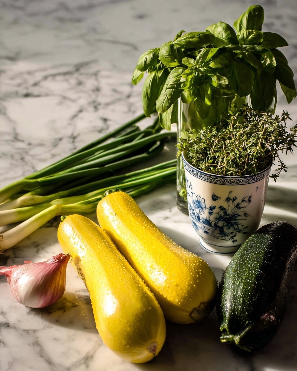 The image shows two long yellow squashes lying on a white marbled surface, with water droplets visible on a dark green zucchini placed beside them. In front, there is a white cup with blue floral patterns filled with fresh green thyme. Behind the thyme, a clear glass container holds a lush bunch of green basil leaves. On the left side of the image, three fresh green onions with white and pink bulbs rest on the white marbled surface. The lighting creates soft shadows and highlights the fresh textures of the vegetables and herbs. Photo taken with an iphone --ar 4:5 --v 7