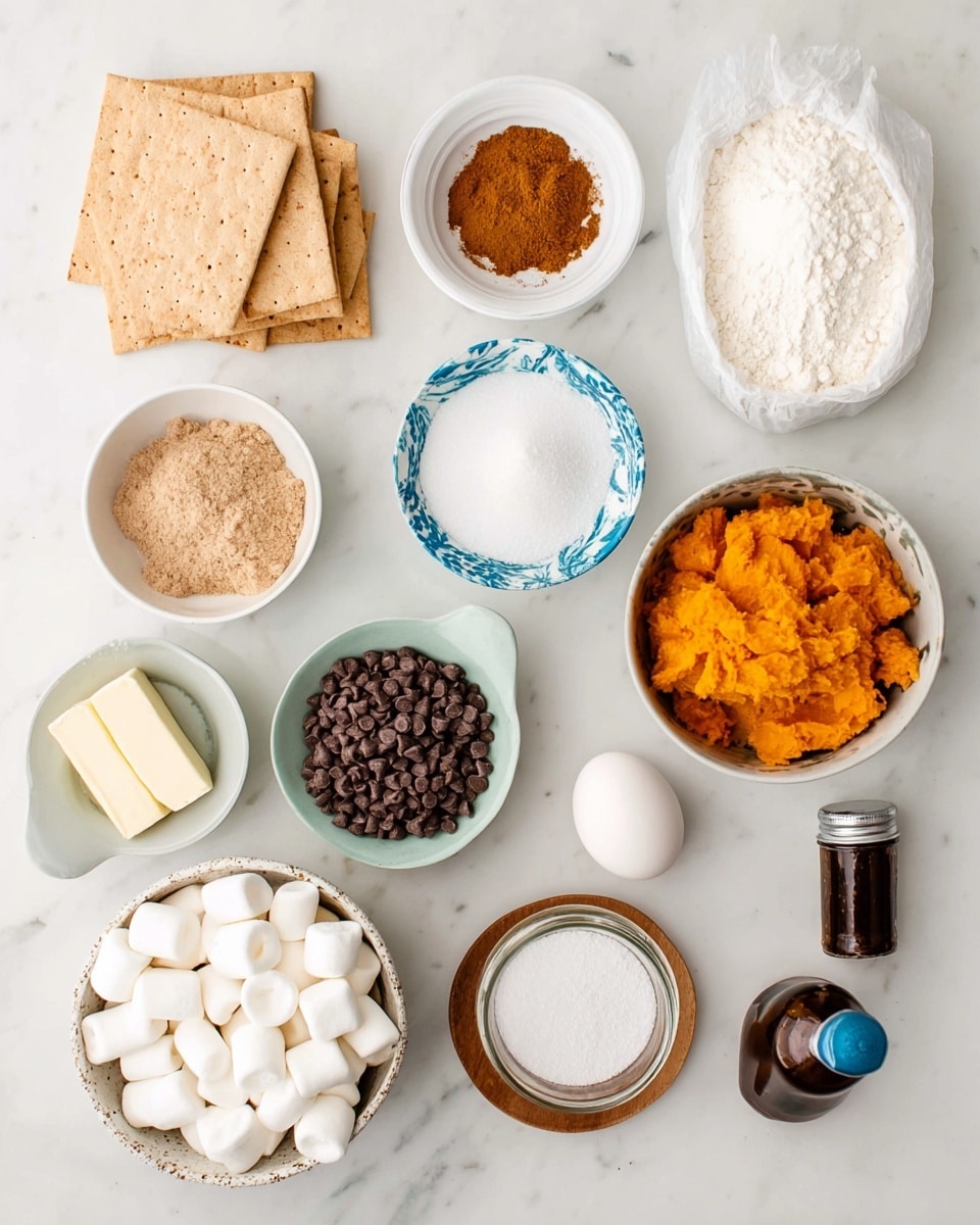 The image shows various baking ingredients laid out on a white marbled surface. At the top left, there are square pale beige crackers stacked unevenly. To the right, a small white bowl with a blue edge contains brown cinnamon powder. Next to it, a white bag holds white flour. Below are small bowls: one with light brown sugar, another with bright orange mashed pumpkin, and a glass jar filled with dark chocolate chips. A single white egg is placed in a small wooden bowl. Two sticks of butter wrapped in white paper lie beside a speckled white bowl filled with white granulated sugar. On the bottom left, a white bowl holds many small white marshmallows. A small wooden bowl contains white baking powder or salt. Finally, in the lower right corner, a small dark brown bottle with a blue cap rests on the surface. photo taken with an iphone --ar 4:5 --v 7