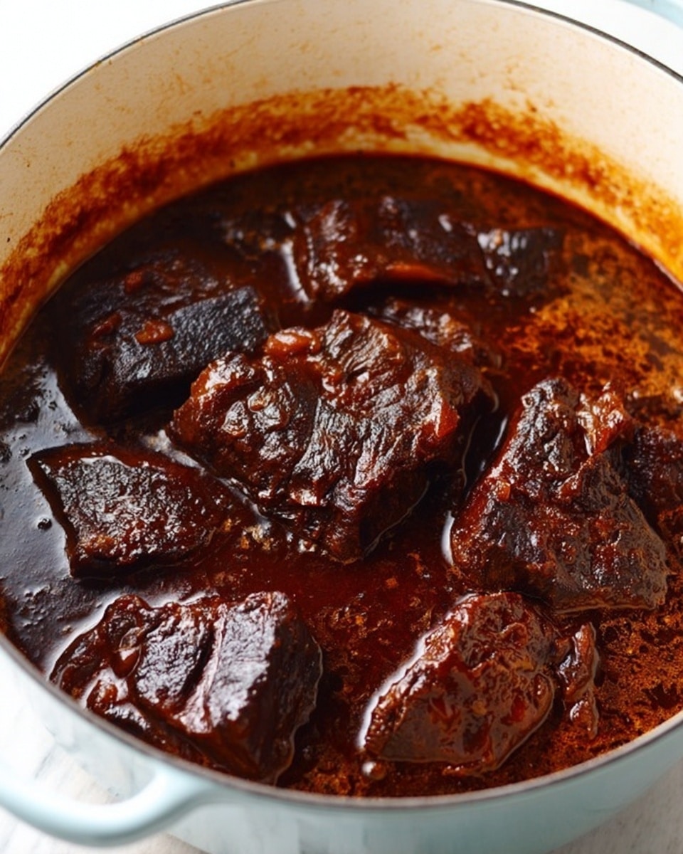 A white pot filled with several large pieces of dark brown meat simmering in a thick, shiny, dark reddish-brown sauce that covers the meat partially. The top layer of the meat looks tender with a slightly sticky texture, and the sauce surrounds the edges with deeper, richer color showing a bit of bubbling near the sides of the pot. The white marbled surface under the pot is clean and bright, contrasting with the dark food inside. photo taken with an iphone --ar 4:5 --v 7
