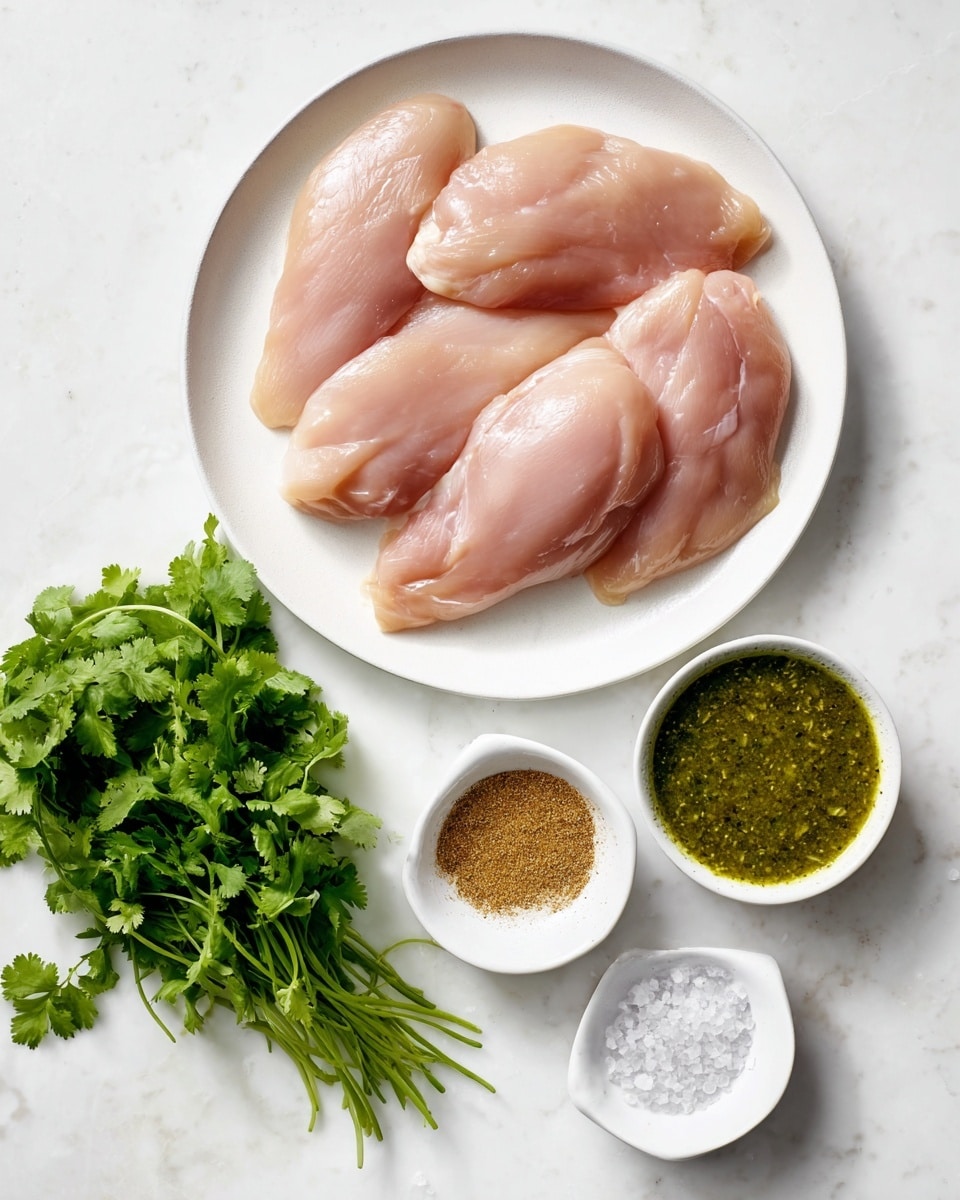 A white plate holds four raw chicken filets arranged in a loose circle, each smooth and pink, showing natural texture. Below the plate, a bunch of fresh green cilantro lies on the white marbled surface to the left. On the right, there are three small white bowls. The top one contains green sauce with a slightly coarse texture, the middle one holds a pile of white salt crystals, and the bottom one has a small portion of brown seasoning powder. The overall setup is neat and bright, with the ingredients placed closely together. Photo taken with an iphone --ar 4:5 --v 7